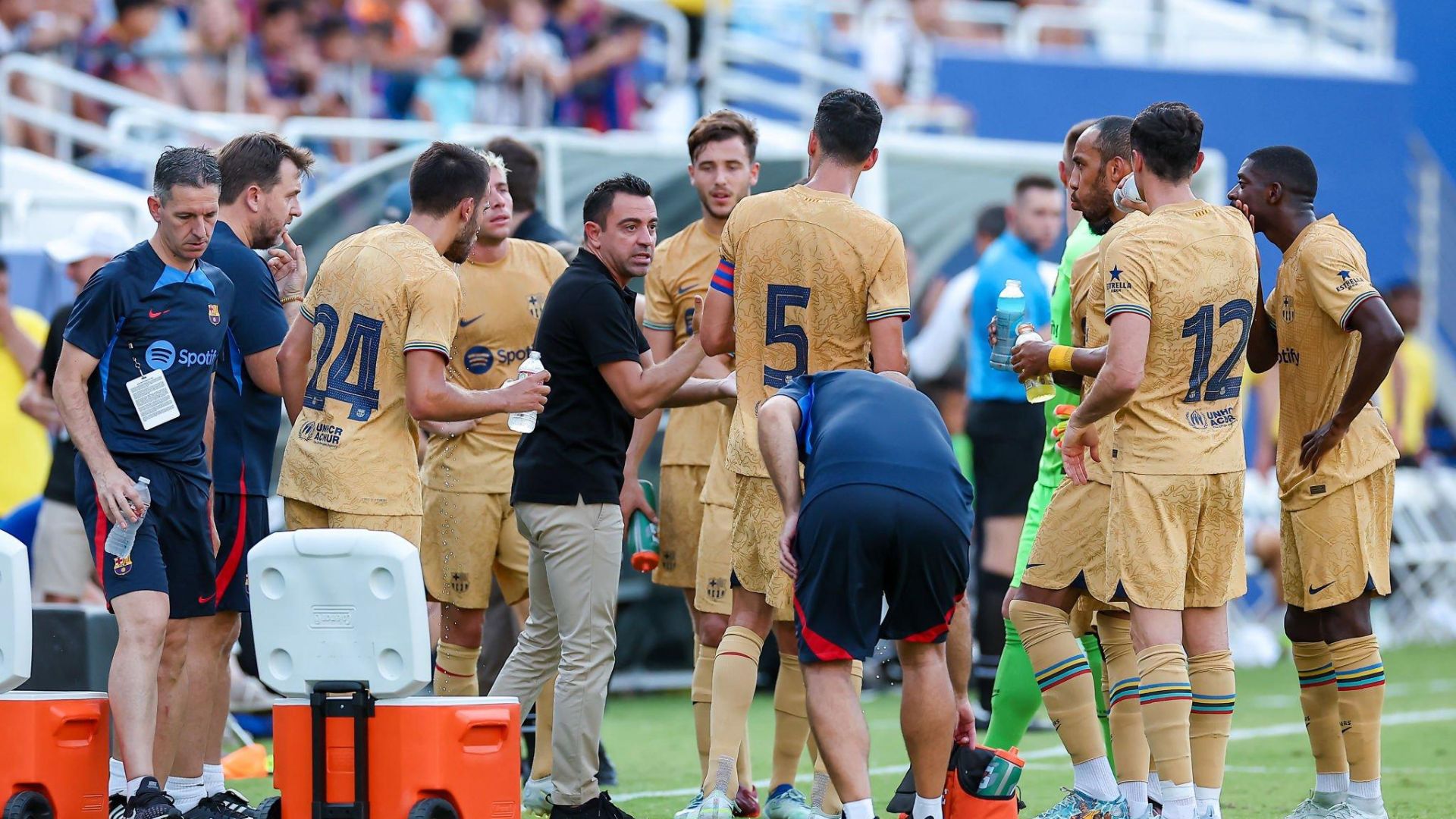 Barcelona players during Soccer Champions Tour match between Juventus and FC Barcelona on July 26, 2022 at the Cotton Bowl Stadium in Dallas, TX.