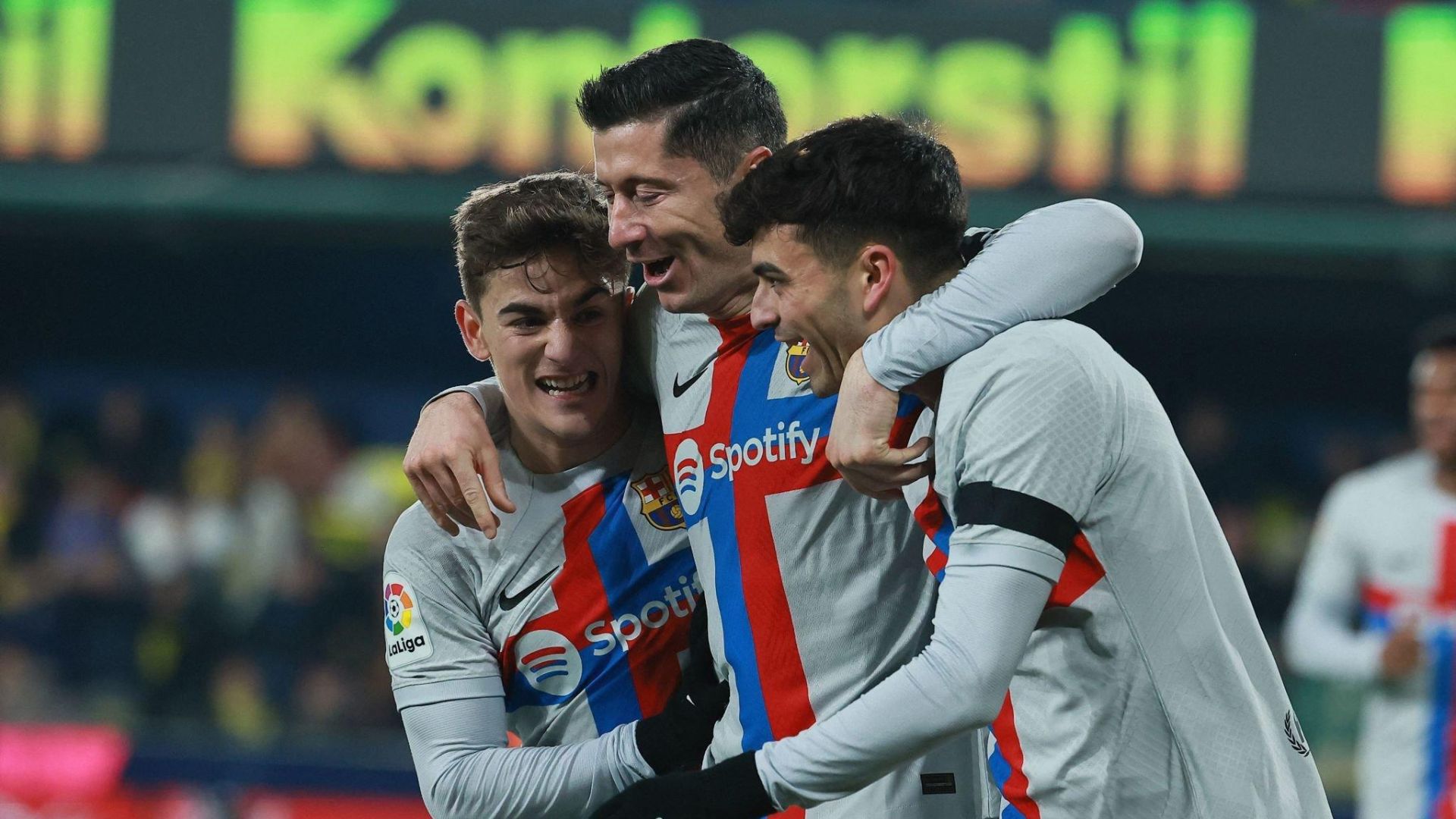 Barcelona players Pedri Gavi and Lewandowski celebrating