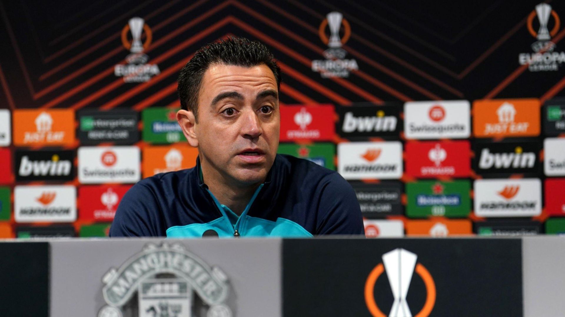 Xavi during the pre-match press conference ahead of Barcelona vs Manchester United