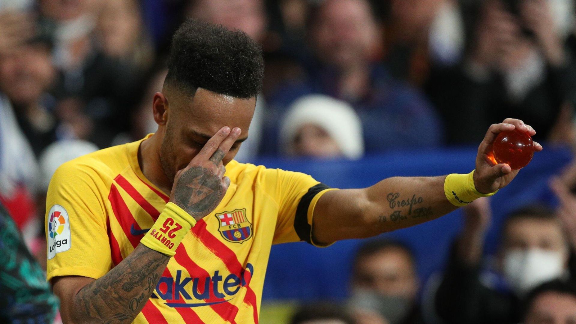 Former Barcelona forward Pierre-Emerick Aubameyang celebrating after scoring a goal in El Clasico