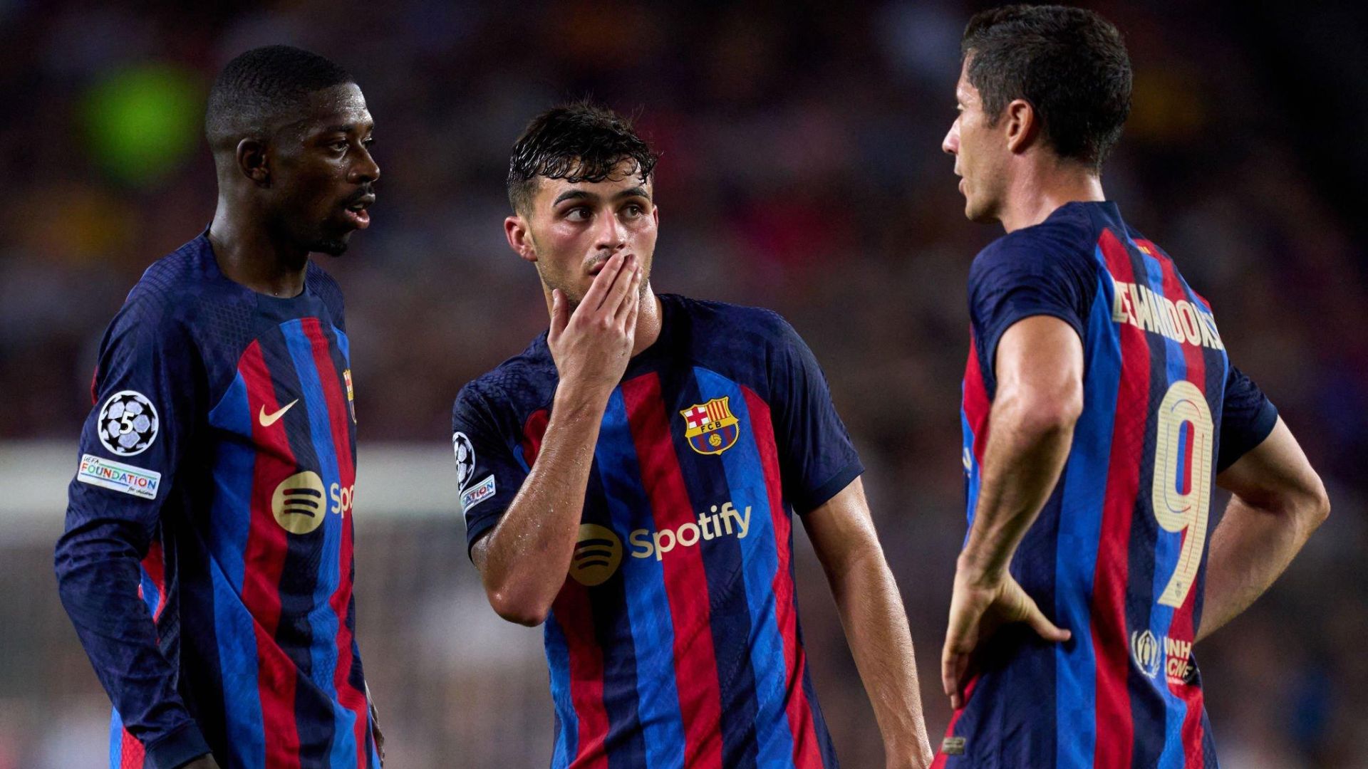 Barcelona players Pedri, Lewandowski and Dembele