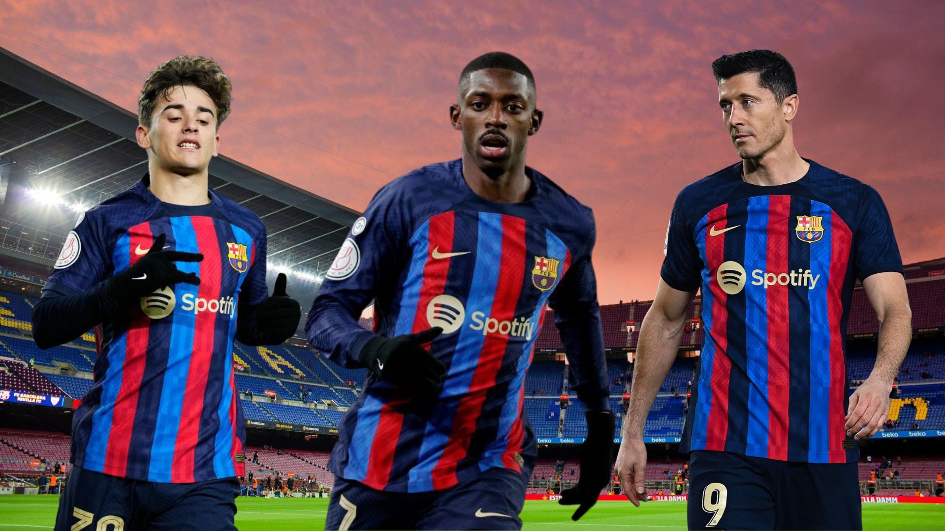 Barcelona players Gavi, Dembele and Lewandowski