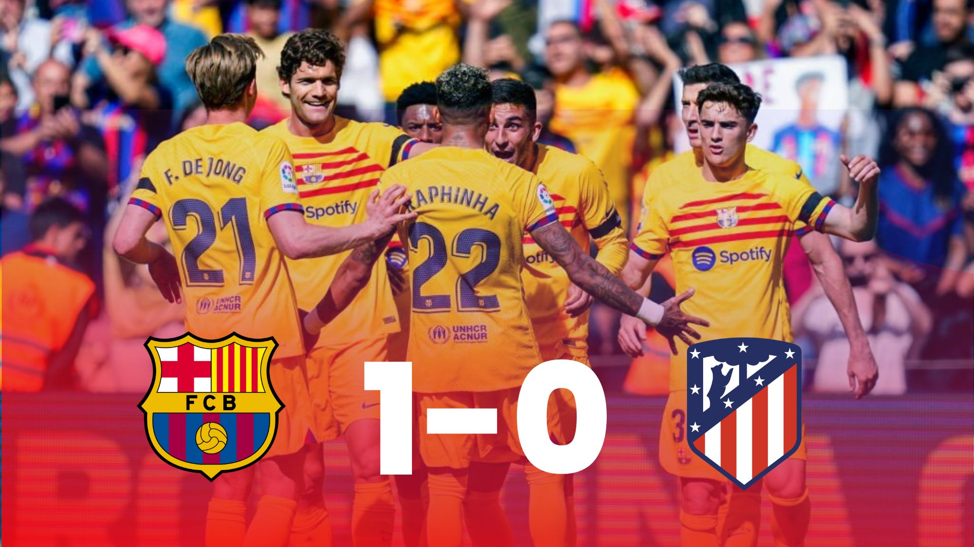 Barcelona players celebrating after scoring against Atletico Madrid