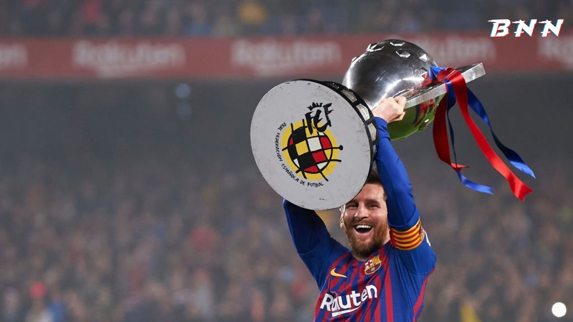 Barcelona legend Leo Messi with La Liga trophy