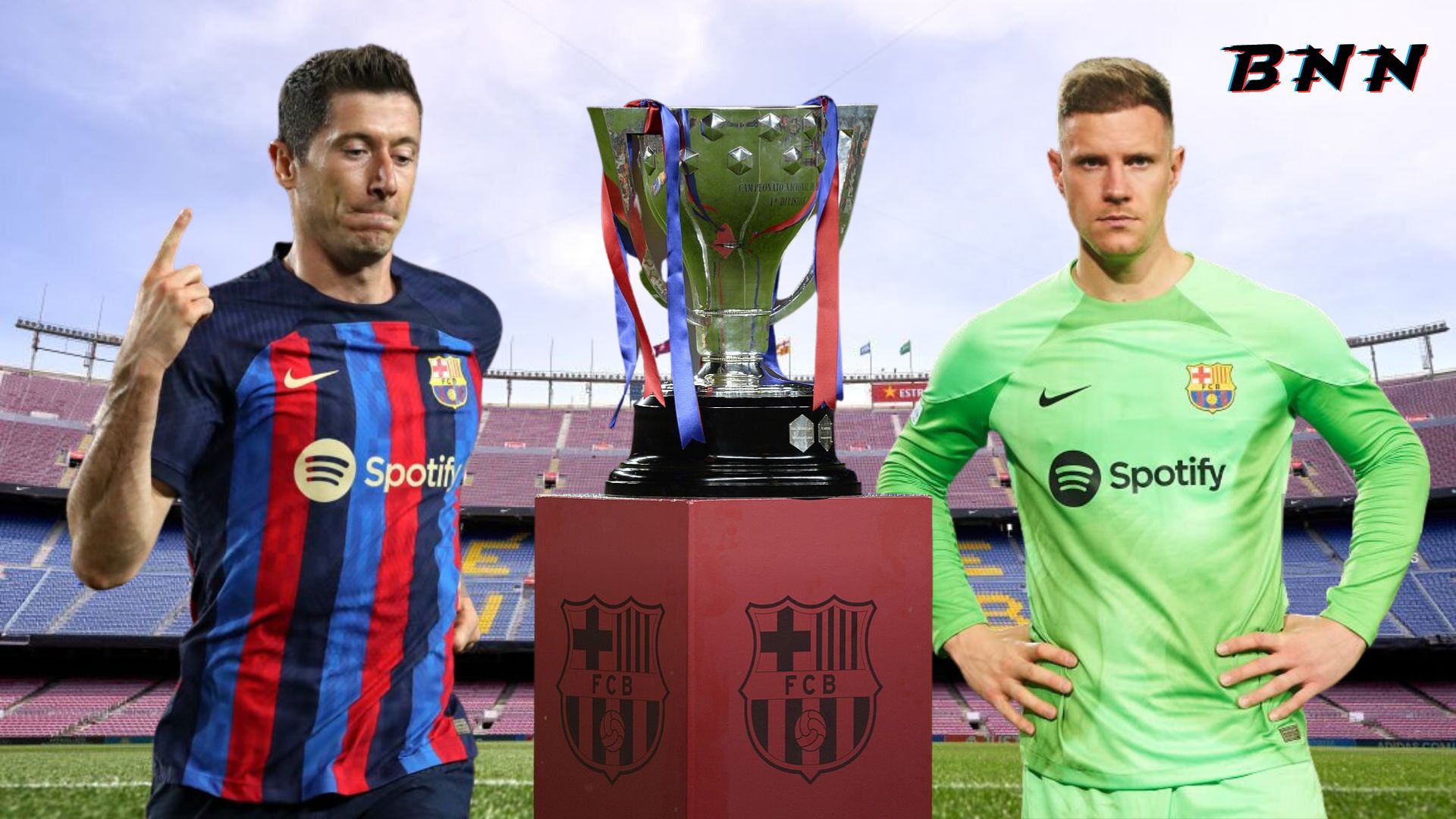 Barcelona players with La Liga trophy