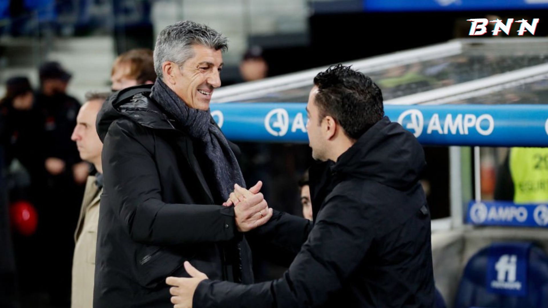 Barcelona coach Xavi with Real Sociedad Coach Imanol