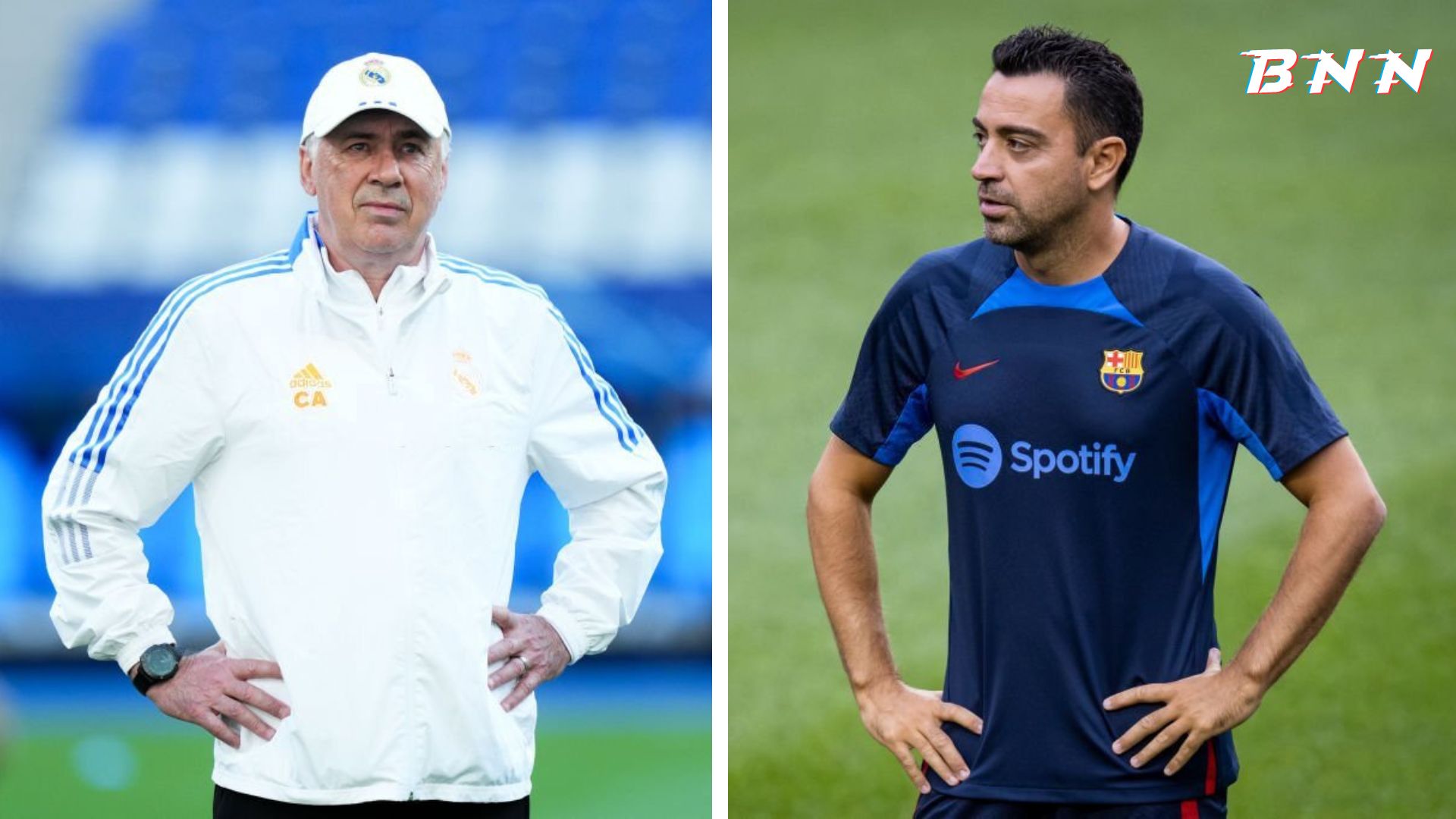 Barcelona head coach Xavi and Real Madrid head coach Carlo Ancelotti