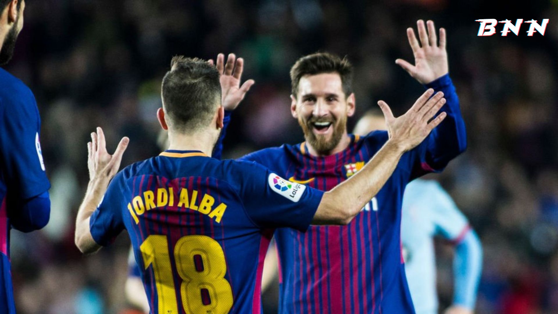 Barcelona legend Leo Messi with Jordi Alba