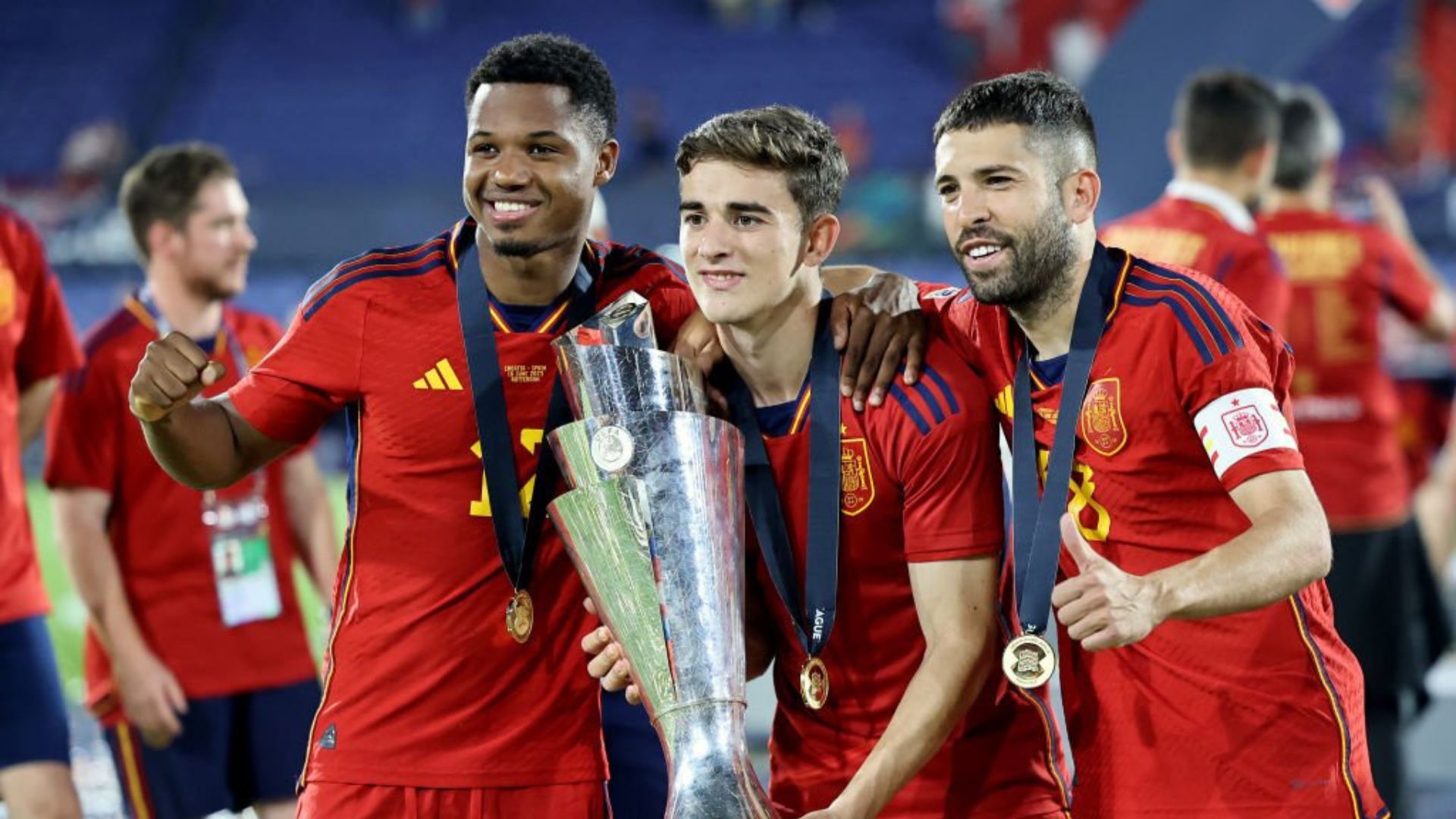 Barcelona players Fat, Gavi and Alba after winning UEFA Nations League