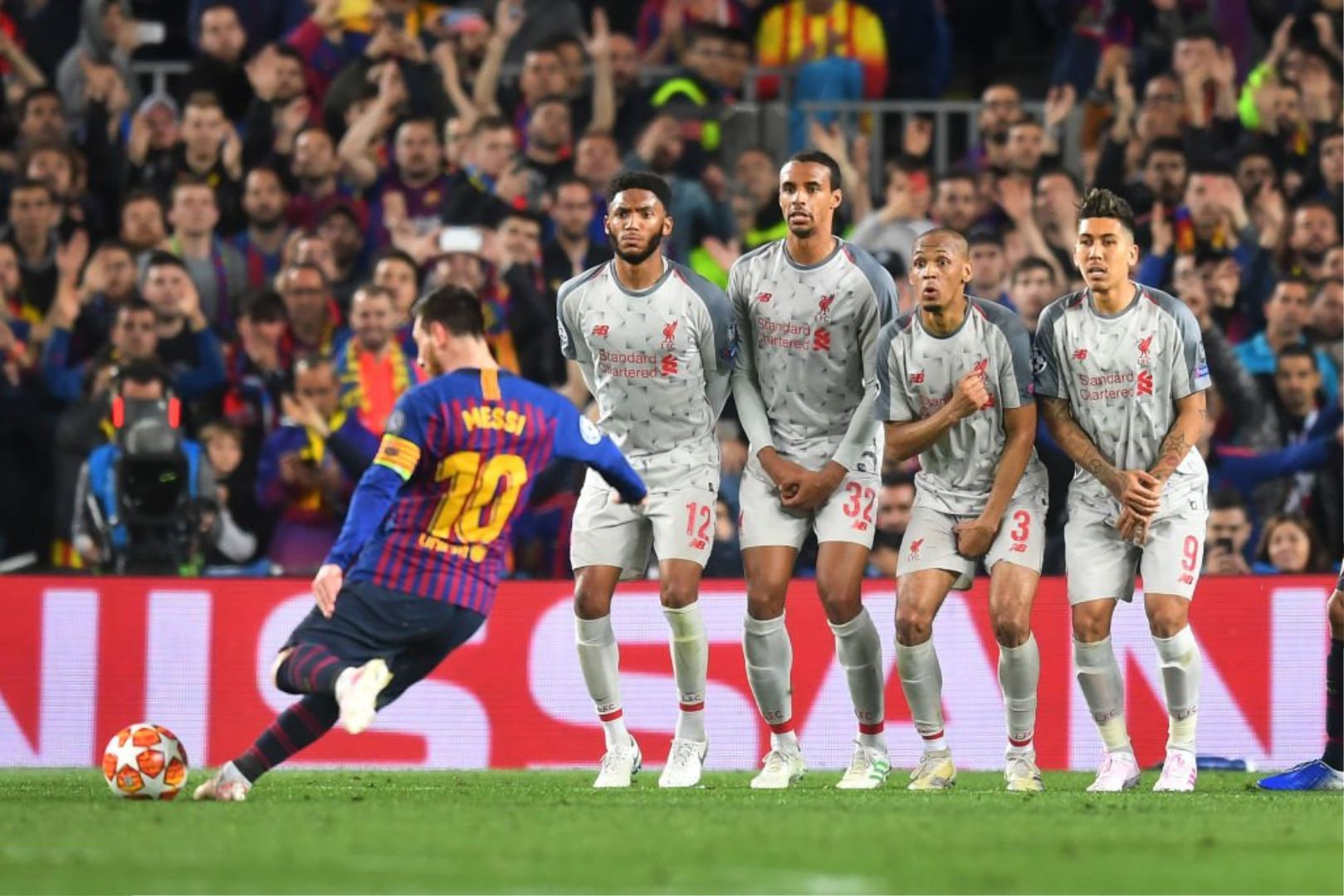 Barcelona legend Leo Messi taking free kick against Liverpool