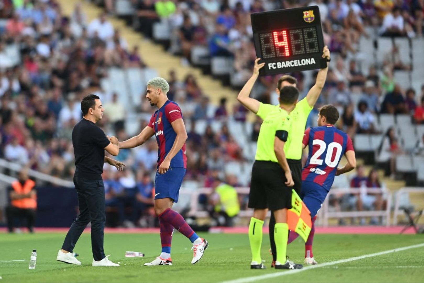 Barcelona defender Ronald Araujo being substituted after being injured against Tottenham