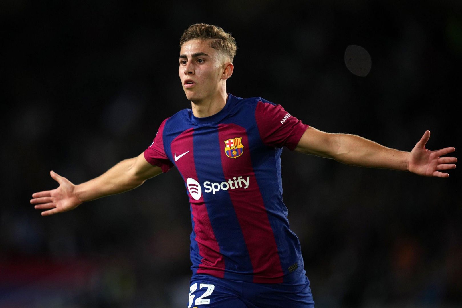 BARCELONA, SPAIN - OCTOBER 25: Fermin Lopez of FC Barcelona scores the team's second goal during the UEFA Champions League match between FC Barcelona and FC Shakhtar Donetsk at Estadi Olimpic Lluis Companys on October 25, 2023 in Barcelona, Spain.