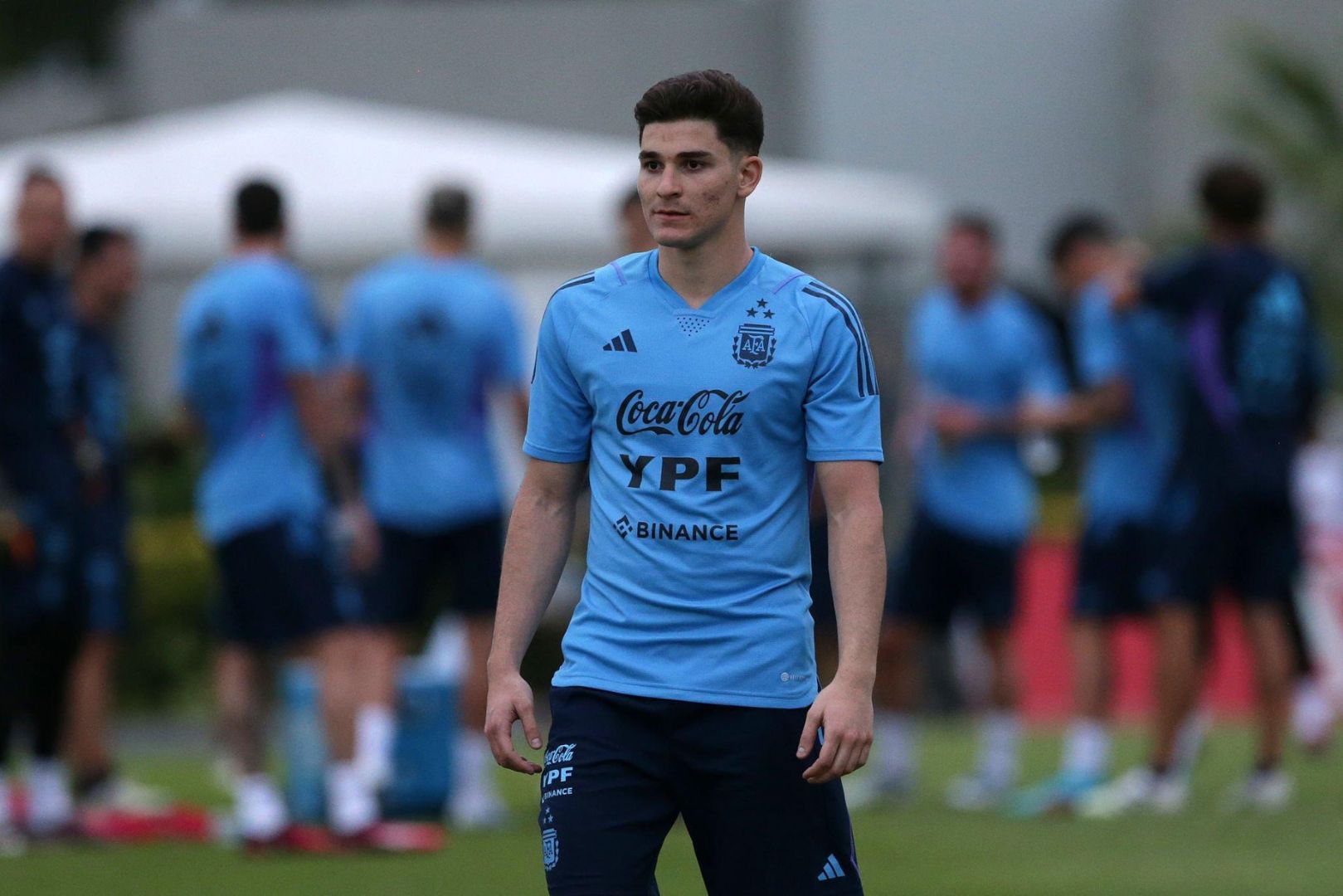EZEIZA, ARGENTINA - MARCH 22: ( Barcelona target ) Julian Alvarez of Argentina in action during a training session at Julio H. Grondona Training Camp on March 22, 2023 in Ezeiza, Argentina.