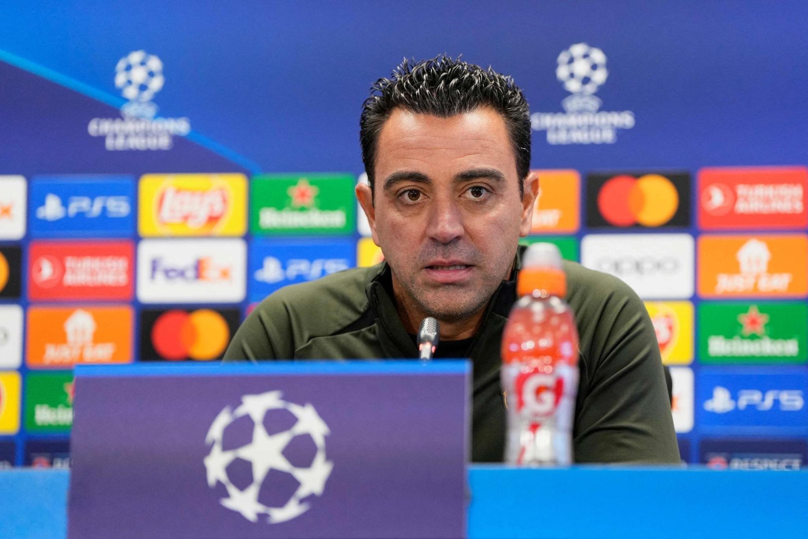 Barcelona's Spanish coach Xavi holds a press conference at the Joan Gamper training ground in Sant Joan Despi, near Barcelona, on October 24, 2023, on the eve of their UEFA Champions League 1st round Group H football match against Shakhtar Donetsk.