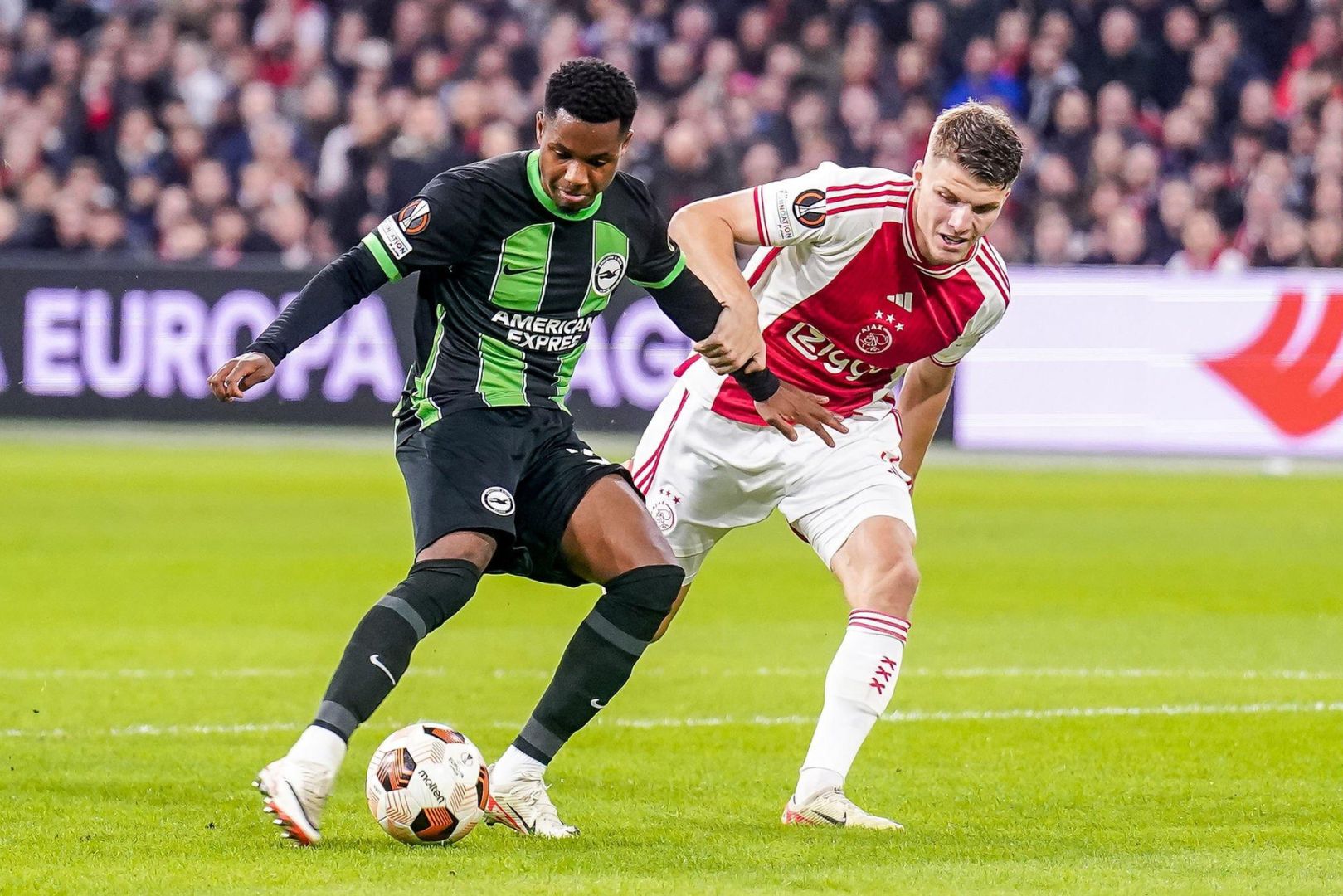 Barcelona loanee Ansu Fati scores his sides first goal during the UEFA Europa League 2023/24 Group B match between AFC Ajax and Brighton & Hove Albion at the Johan Cruyff ArenA on November 9, 2023 in Amsterdam, Netherlands.