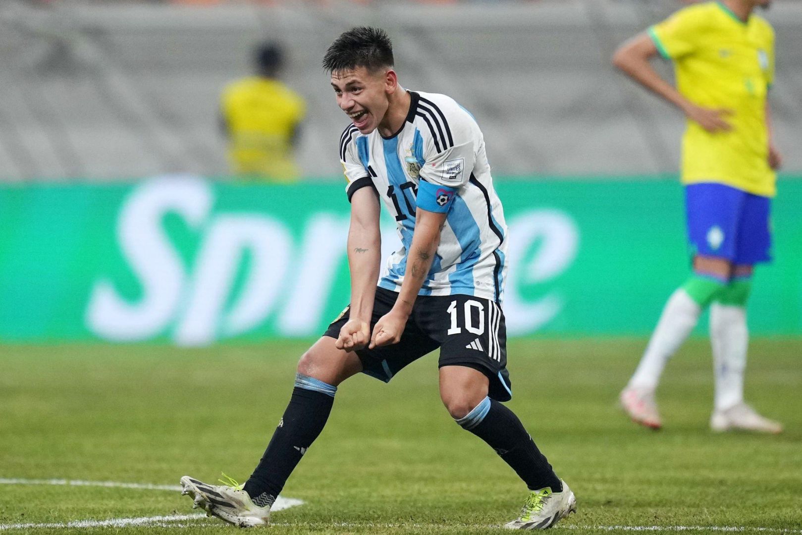 JAKARTA, INDONESIA - NOVEMBER 24: Claudio Echeverri of Argentina celebrates after scoring the team's third goal during the FIFA U-17 World Cup Quarter Final match between Argentina and Brazil at Jakarta International Stadium on November 24, 2023 in Jakarta, Indonesia.