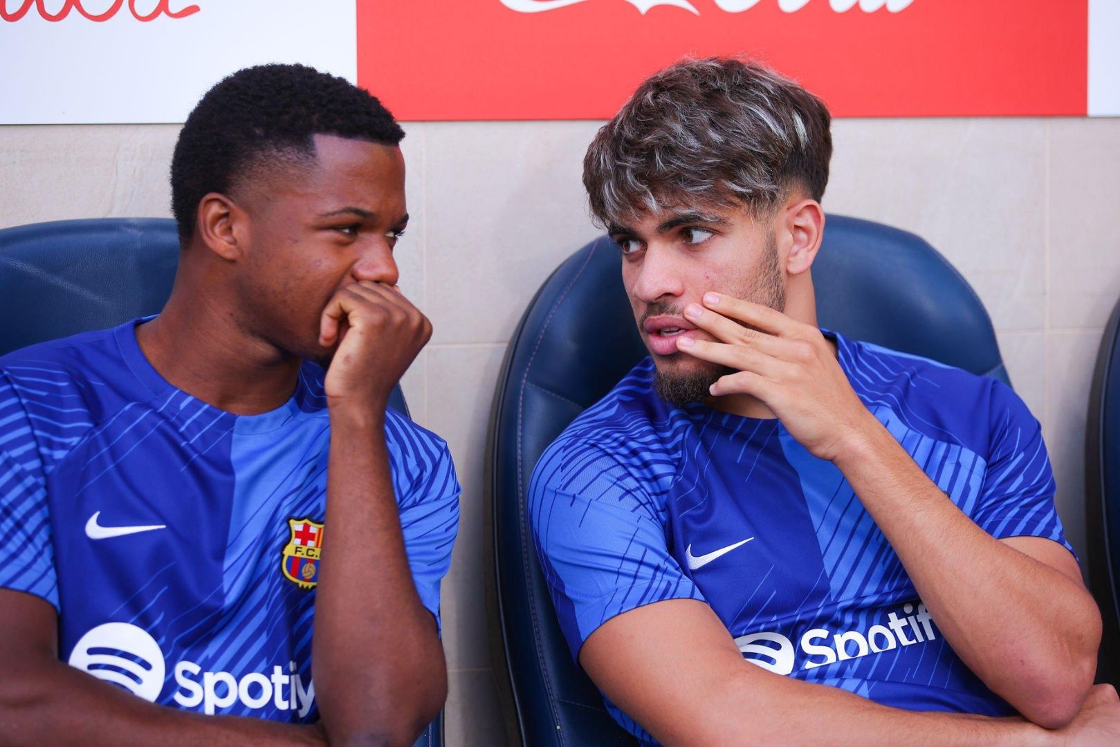 VILLARREAL, SPAIN - AUGUST 27: Ansu Fati of FC Barcelona speaks with Ez Abde of FC Barcelona prior the LaLiga EA Sports match between Villarreal CF and FC Barcelona at Estadio de la Ceramica on August 27, 2023 in Villarreal, Spain.