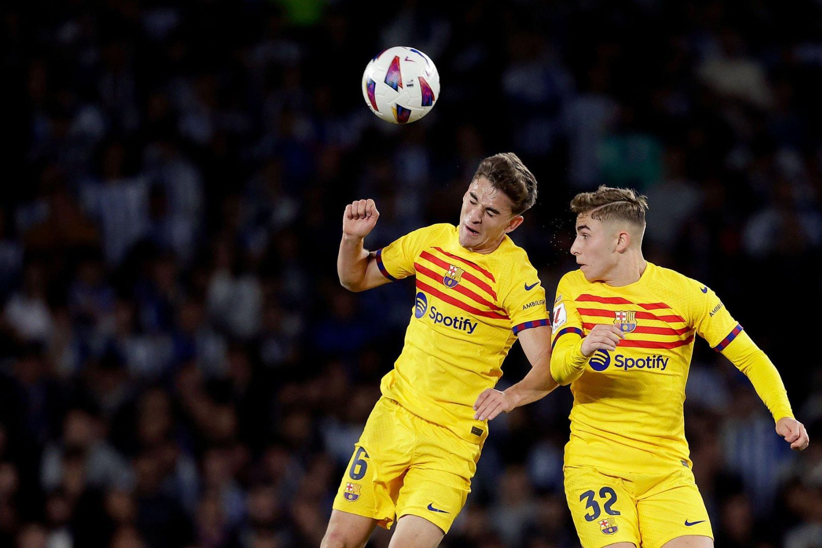 SAN SEBASTIAN, SPAIN - NOVEMBER 4: (L-R) Gavi of FC Barcelona, Fermin Lopez of FC Barcelona during the LaLiga EA Sports match between Real Sociedad v FC Barcelona at the Reale Arena Stadium on November 4, 2023 in San Sebastian Spain.