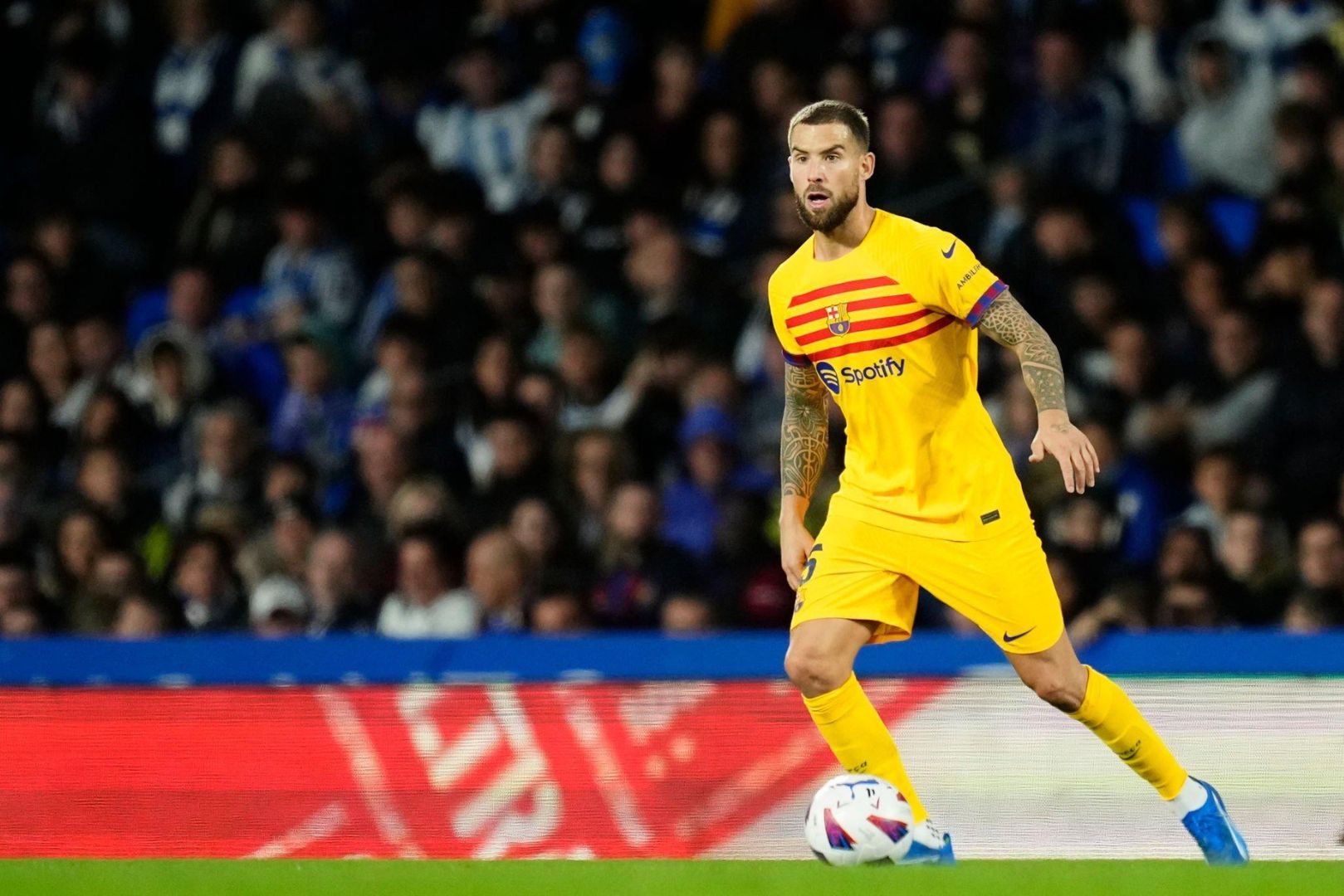 Iñigo Martinez centre-back of Barcelona and Spain acc during the LaLiga EA Sports match between Real Sociedad and FC Barcelona at Reale Arena on November 4, 2023 in San Sebastian, Spain.