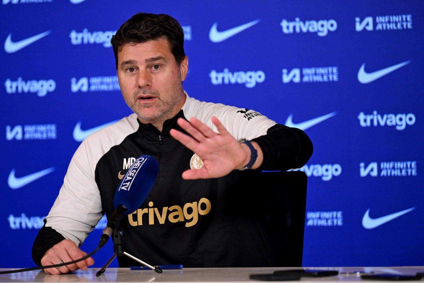 COBHAM, ENGLAND - OCTOBER 31: Head Coach Mauricio Pochettino of Chelsea during a press conference at Chelsea Training Ground on October 31, 2023 in Cobham, England.