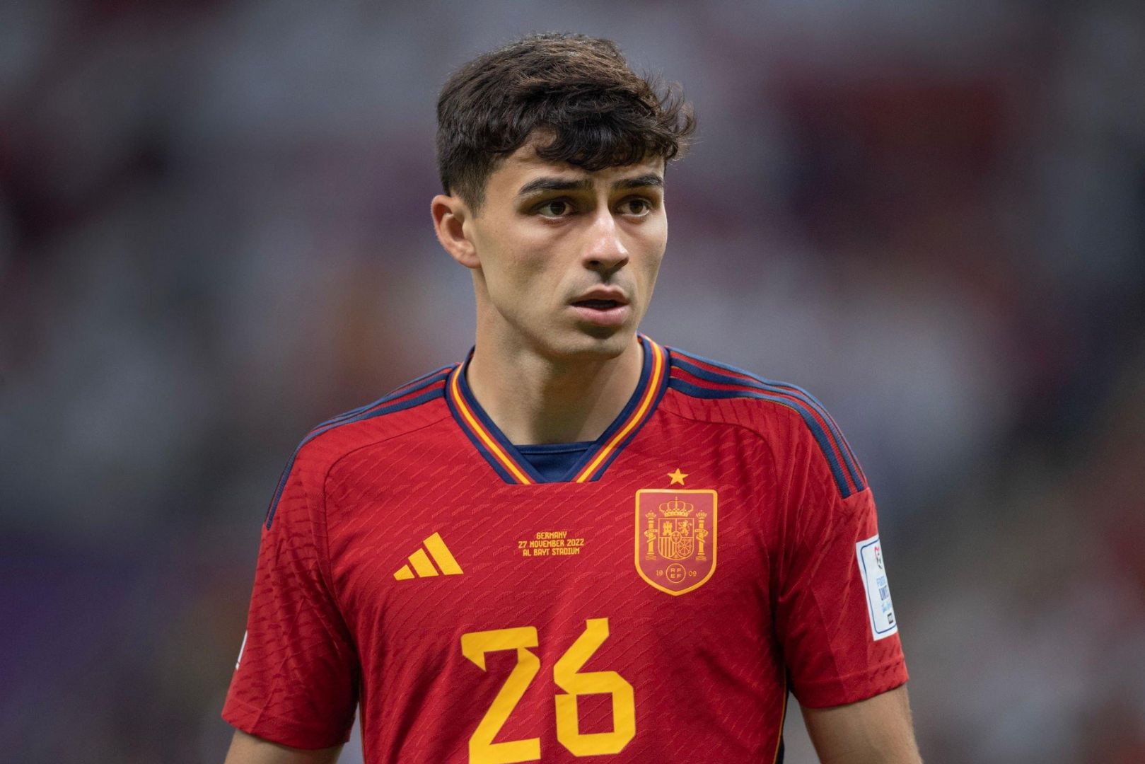 AL KHOR, QATAR - NOVEMBER 27: Pedri of FC Barcelona and Spain during the FIFA World Cup Qatar 2022 Group E match between Spain and Germany at Al Bayt Stadium on November 27, 2022 in Al Khor, Qatar.