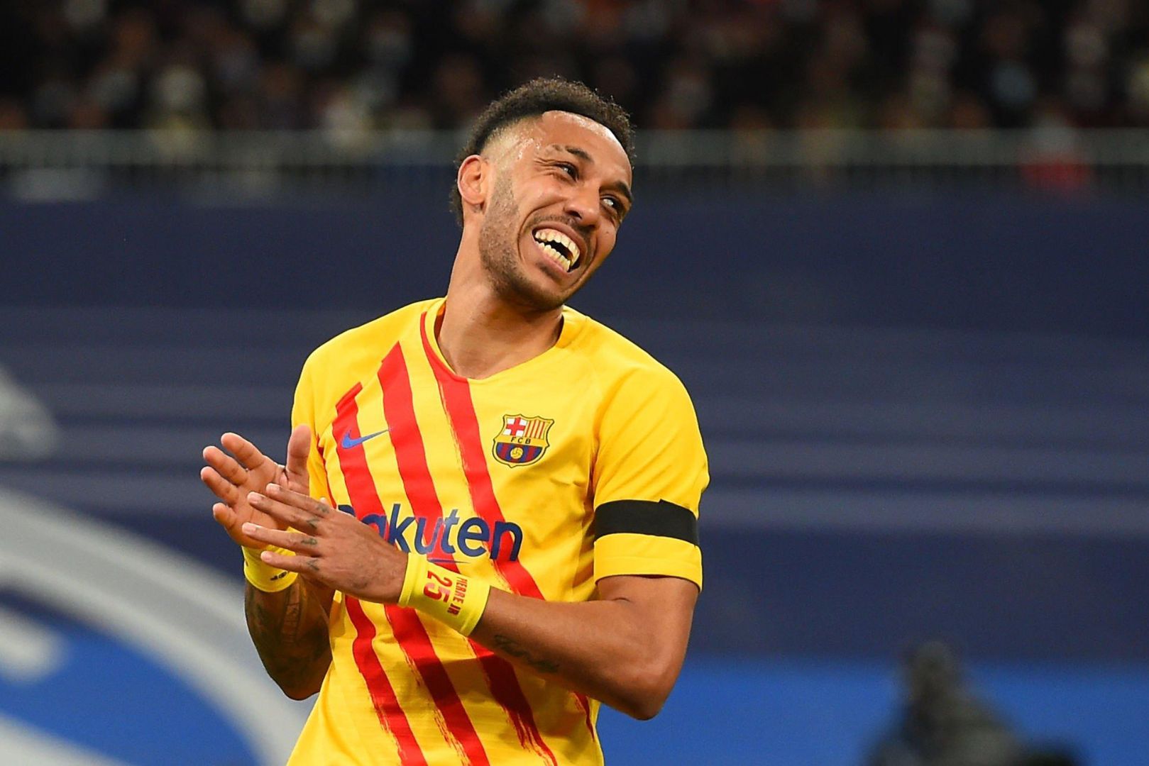 MADRID, SPAIN - MARCH 20: Pierre-Emerick Aubameyang of FC Barcelona reacts during the LaLiga Santander match between Real Madrid CF and FC Barcelona at Estadio Santiago Bernabeu on March 20, 2022 in Madrid, Spain.