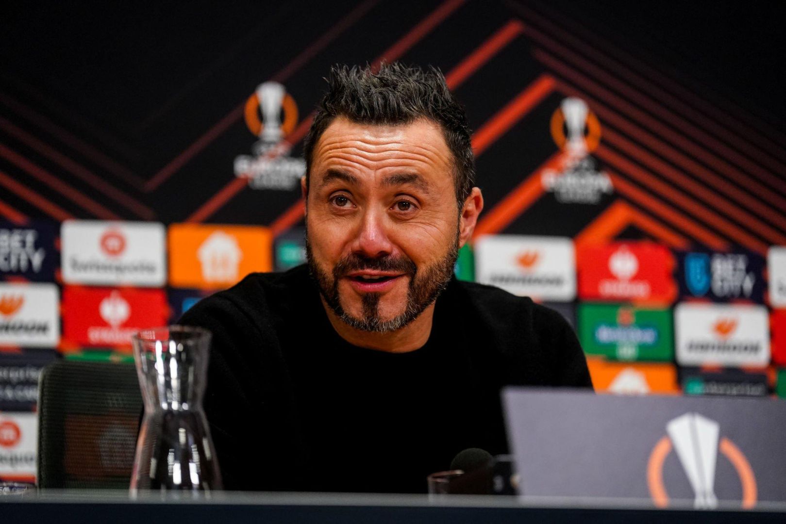 Head Coach Roberto De Zerbi of Brighton & Hove Albion attends a press conference after the UEFA Europa League 2023/24 Group B match between AFC Ajax and Brighton & Hove Albion at the Johan Cruyff ArenA on November 9, 2023 in Amsterdam, Netherlands.