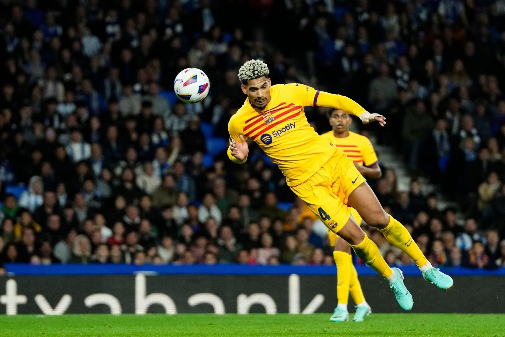 Ronald Araujo centre-back of Barcelona and Uruguay shooting to goal during the LaLiga EA Sports match between Real Sociedad and FC Barcelona at Reale Arena on November 4, 2023 in San Sebastian, Spain.
