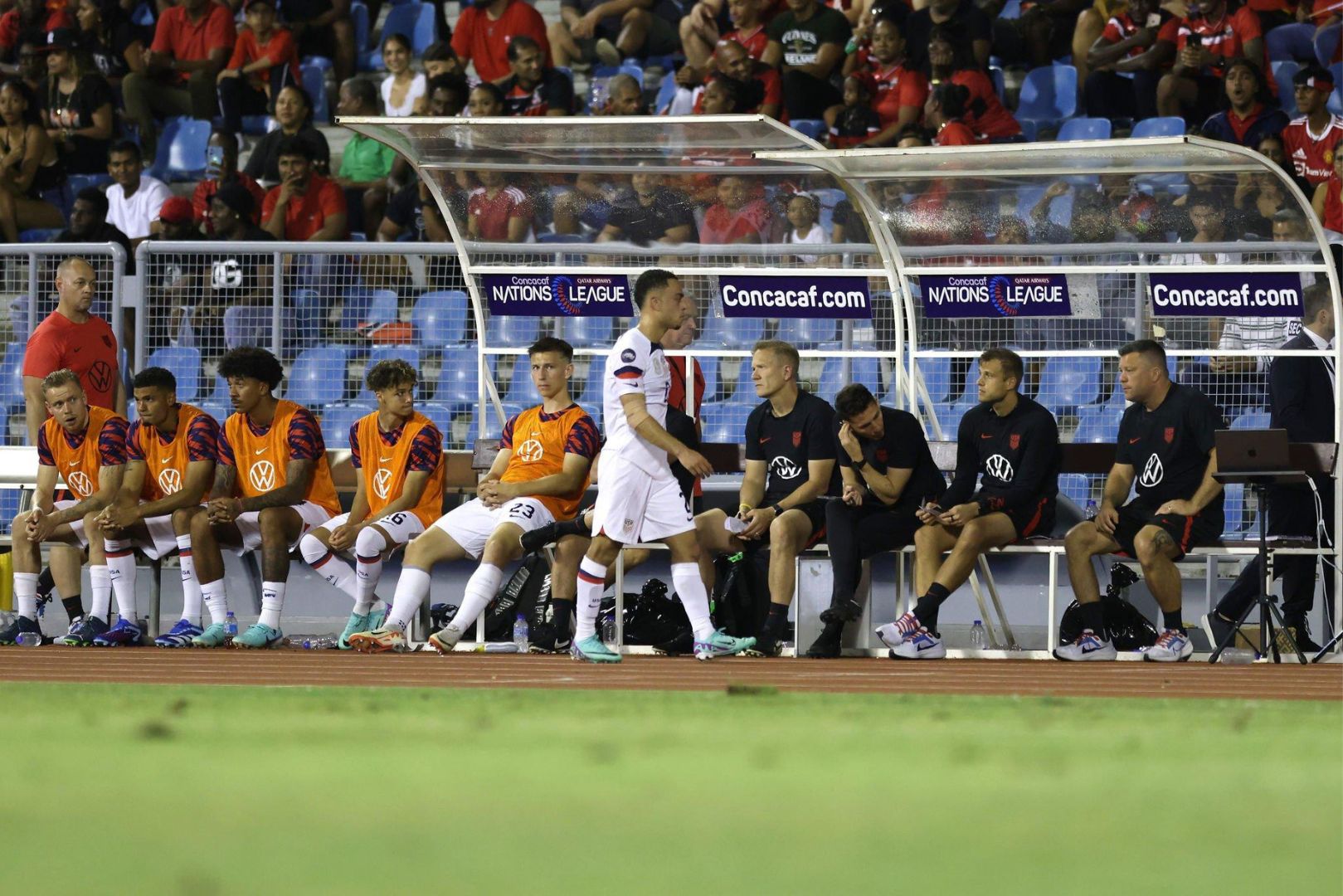 PORT OF SPAIN, TRINIDAD AND TOBAGO - NOVEMBER 20: Sergiño Dest #2 of the United States leaves the field after being red carded during the first half against Trinidad and Tobago at Hasely Crawford Stadium on November 20, 2023 in Port of Spain, Trinidad And Tobago.