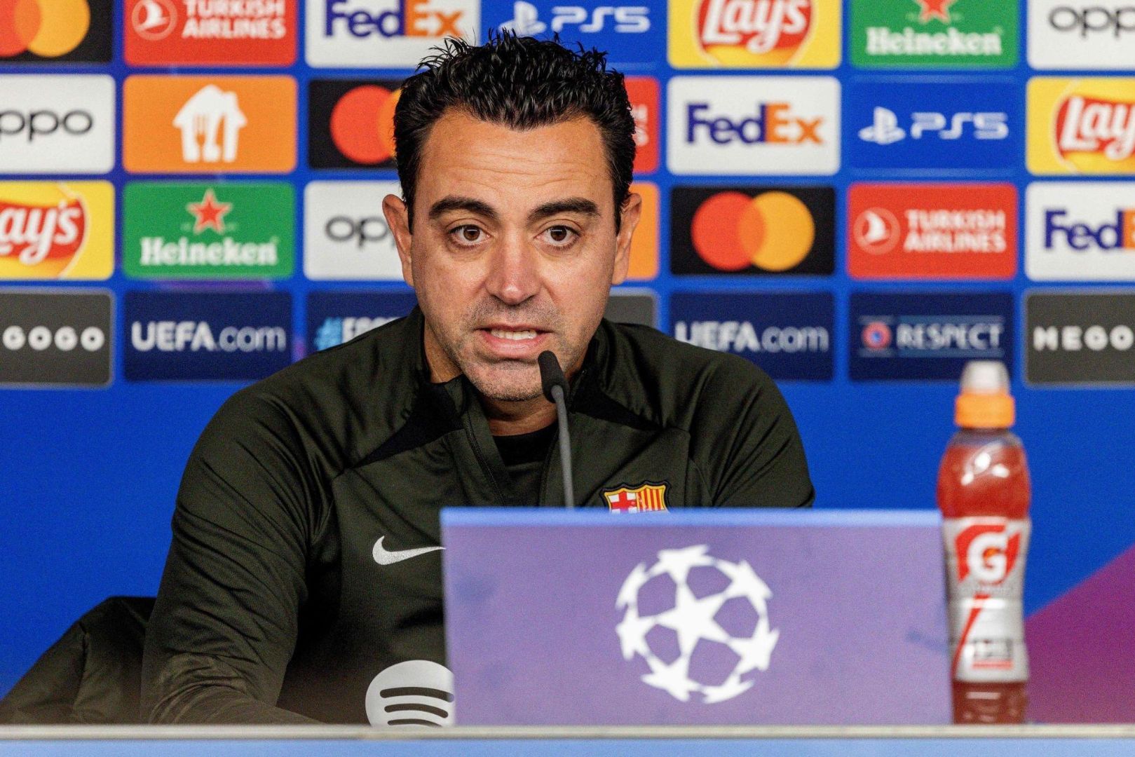 Barcelona coach Xavi addresses a press conference in Hamburg, northern Germany on November 6, 2023, on the eve of the UEFA Champions League Group H football match against FC Shakhtar Donetsk.