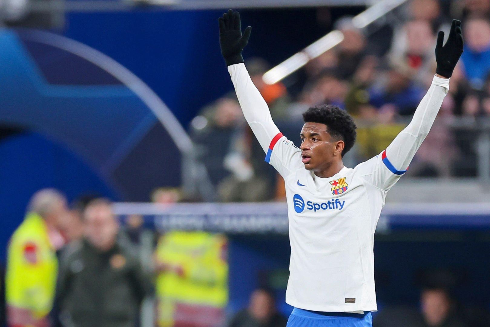 HAMBURG, GERMANY - NOVEMBER 7: Alejandro Balde of FC Barcelona gestures during the UEFA Champions League match between FC Shakhtar Donetsk and FC Barcelona at Volksparkstadion on November 7, 2023 in Hamburg, Germany.