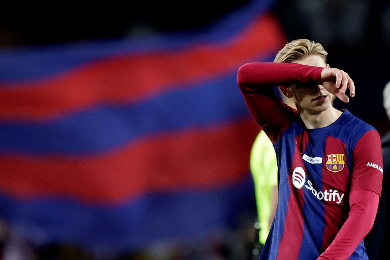 BARCELONA, SPAIN - DECEMBER 10: Frenkie de Jong of FC Barcelona disappointed during the LaLiga EA Sports match between FC Barcelona v Girona at the Lluis Companys Olympic Stadium on December 10, 2023 in Barcelona Spain.