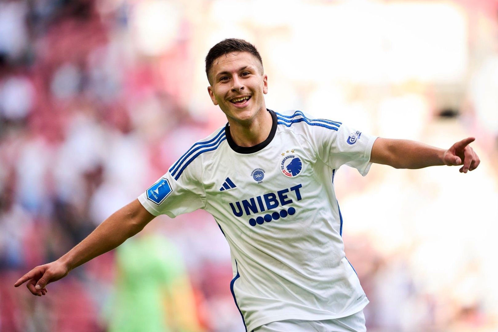 Barcelona target Roony Bardghji of FC Copenhagen celebrates after scoring their second goal during the Danish 3F Superliga match between FC Copenhagen and Randers FC at Parken on August 5, 2023 in Copenhagen, Denmark.