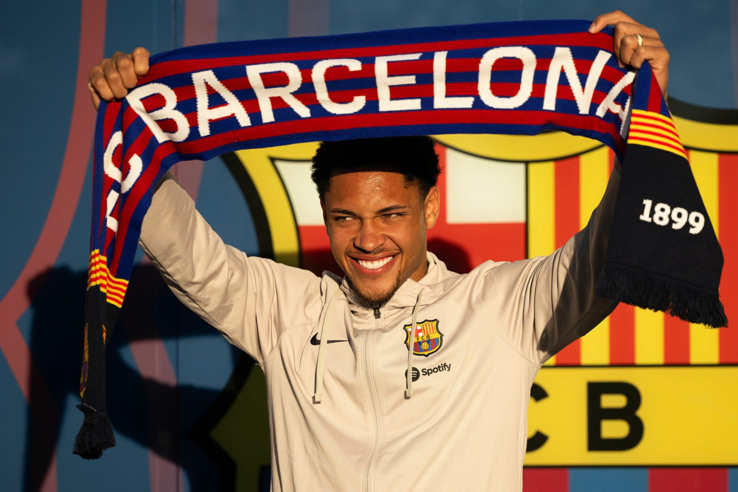 BARCELONA, SPAIN - DECEMBER 27: New FC Barcelona player Vitor Roque is unveiling at Spotify Camp Nou on December 27, 2023 in Barcelona, Spain.