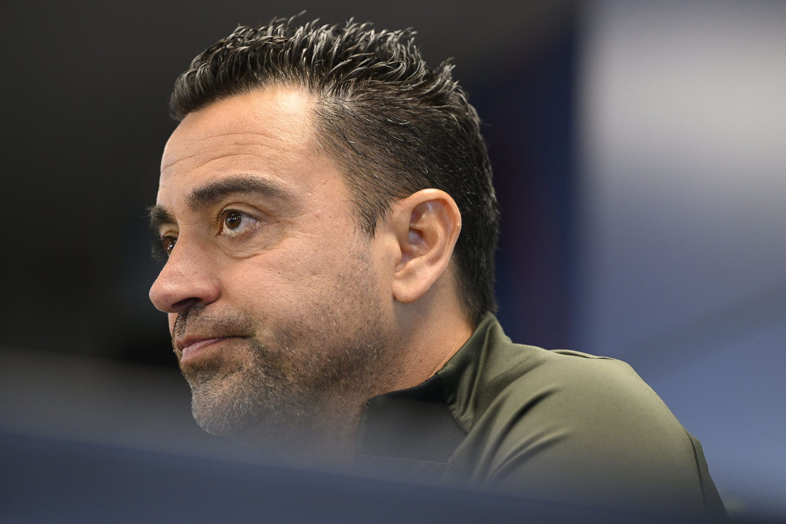 Barcelona's Spanish coach Xavi addresses a press conference in Barcelona on October 27, 2023, on the eve of the Spanish league football match against Real Madrid.