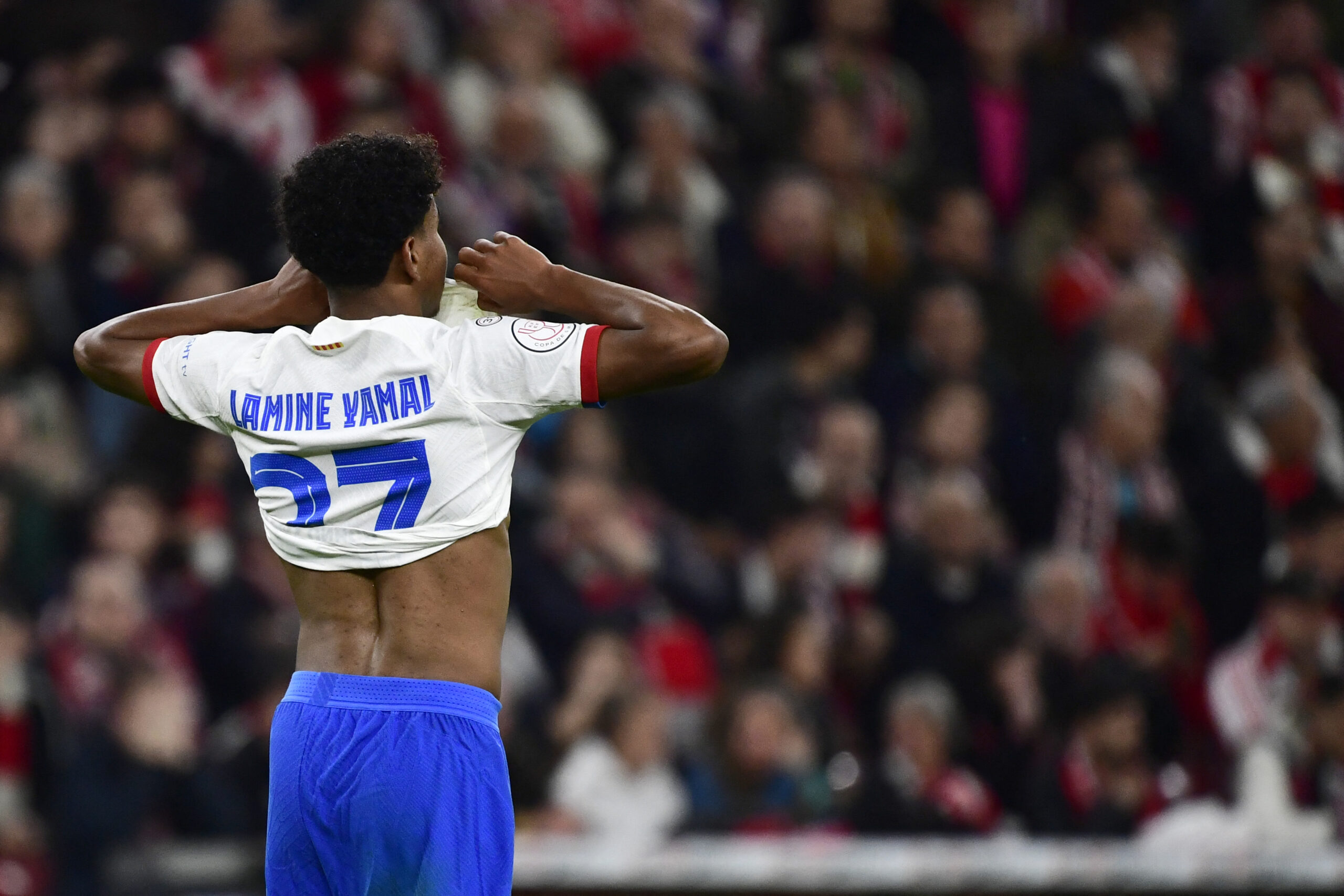 Barcelona's Spanish forward #27 Lamine Yamal reacts to missing a goal opportunity during the Spanish Copa del Rey (King's Cup) quarter final football match between Athletic Club Bilbao and FC Barcelona at the San Mames stadium in Bilbao on January 24, 2024.