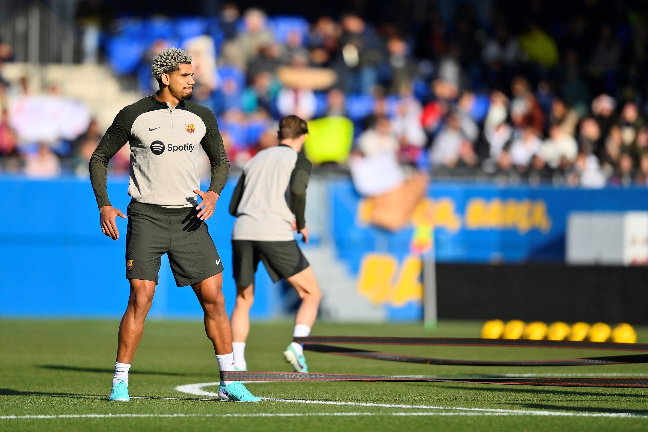 Barcelona's Uruguayan defender #04 Ronald Araujo attends an open door training session, at the Ciudad Deportiva training ground in Sant Joan Despi, near Barcelona on December 30, 2023.