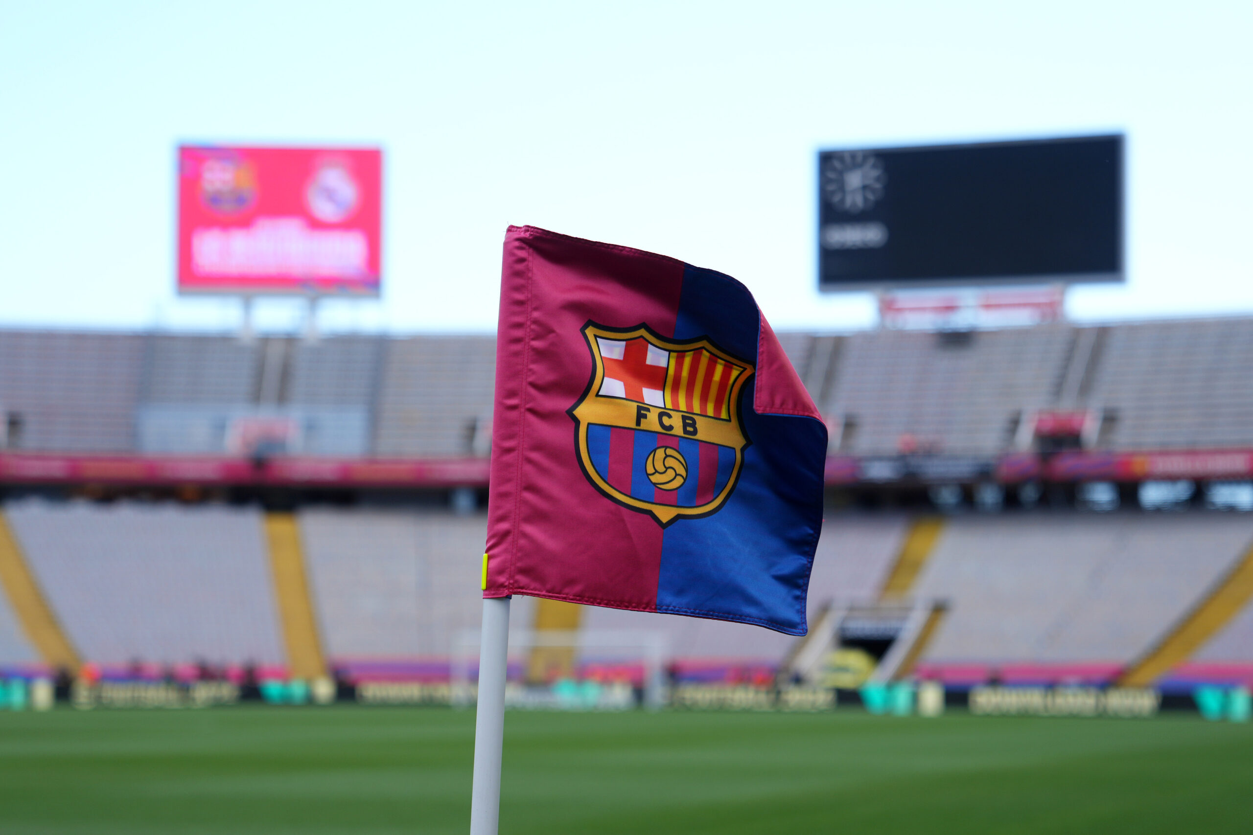 BARCELONA, SPAIN - OCTOBER 28: A detailed view of the corner flag prior to the LaLiga EA Sports match between FC Barcelona and Real Madrid CF at Estadi Olimpic Lluis Companys on October 28, 2023 in Barcelona, Spain.