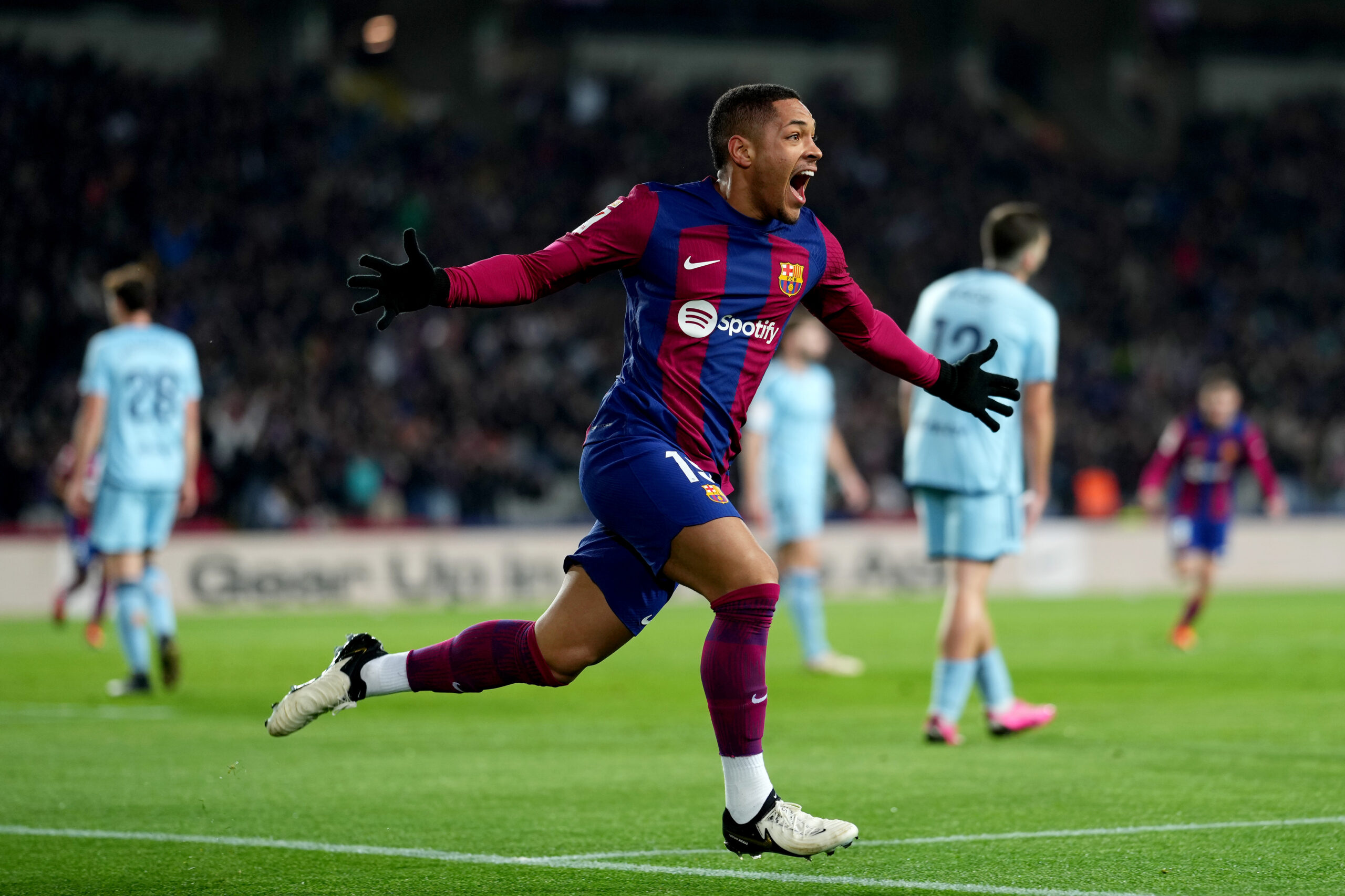 BARCELONA, SPAIN - JANUARY 31: Vitor Roque of FC Barcelona celebrates scoring his team's first goal during the LaLiga EA Sports match between FC Barcelona and CA Osasuna at Estadi Olimpic Lluis Companys on January 31, 2024 in Barcelona, Spain.