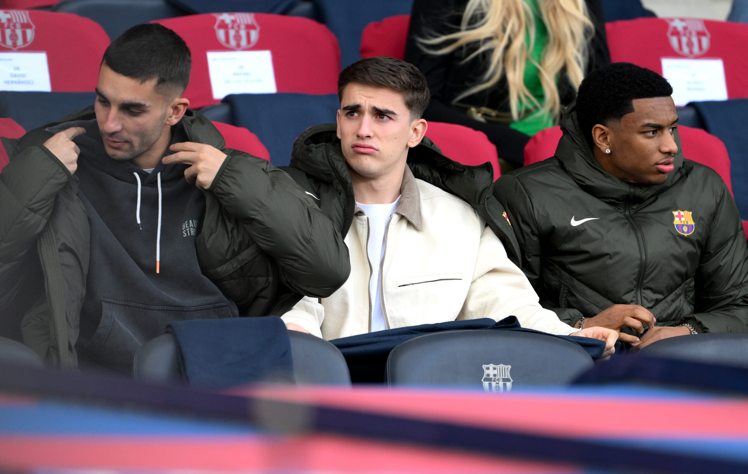 BARCELONA, SPAIN - FEBRUARY 24: Ferran Torres, Gavi and Balde of FC Barcelona are seen prior to the LaLiga EA Sports match between FC Barcelona and Getafe CF at Estadi Olimpic Lluis Companys on February 24, 2024 in Barcelona, Spain.