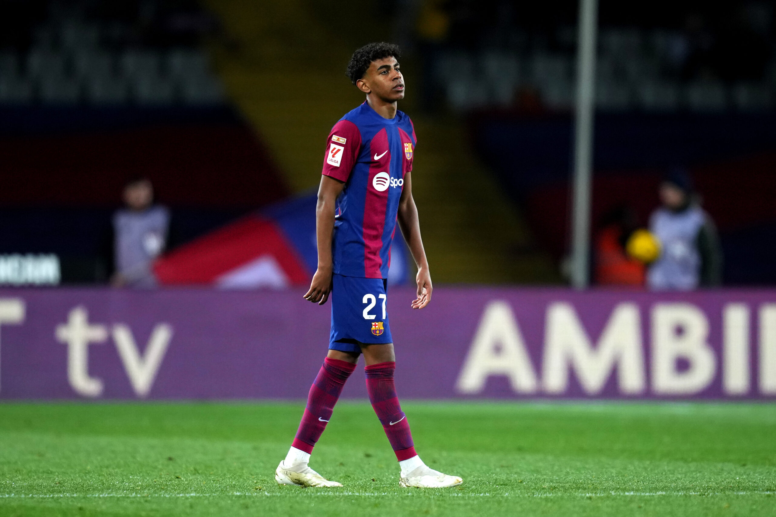 BARCELONA, SPAIN - FEBRUARY 11: Lamine Yamal of FC Barcelona celebrates scoring his team's third goal during the LaLiga EA Sports match between FC Barcelona and Granada CF at Estadi Olimpic Lluis Companys on February 11, 2024 in Barcelona, Spain.