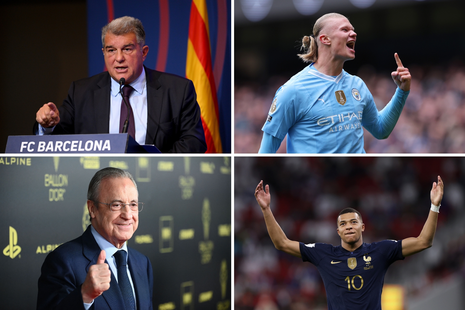 Joan Laporta, Erling Haaland, Florentino Pérez and Kylian Mbappe