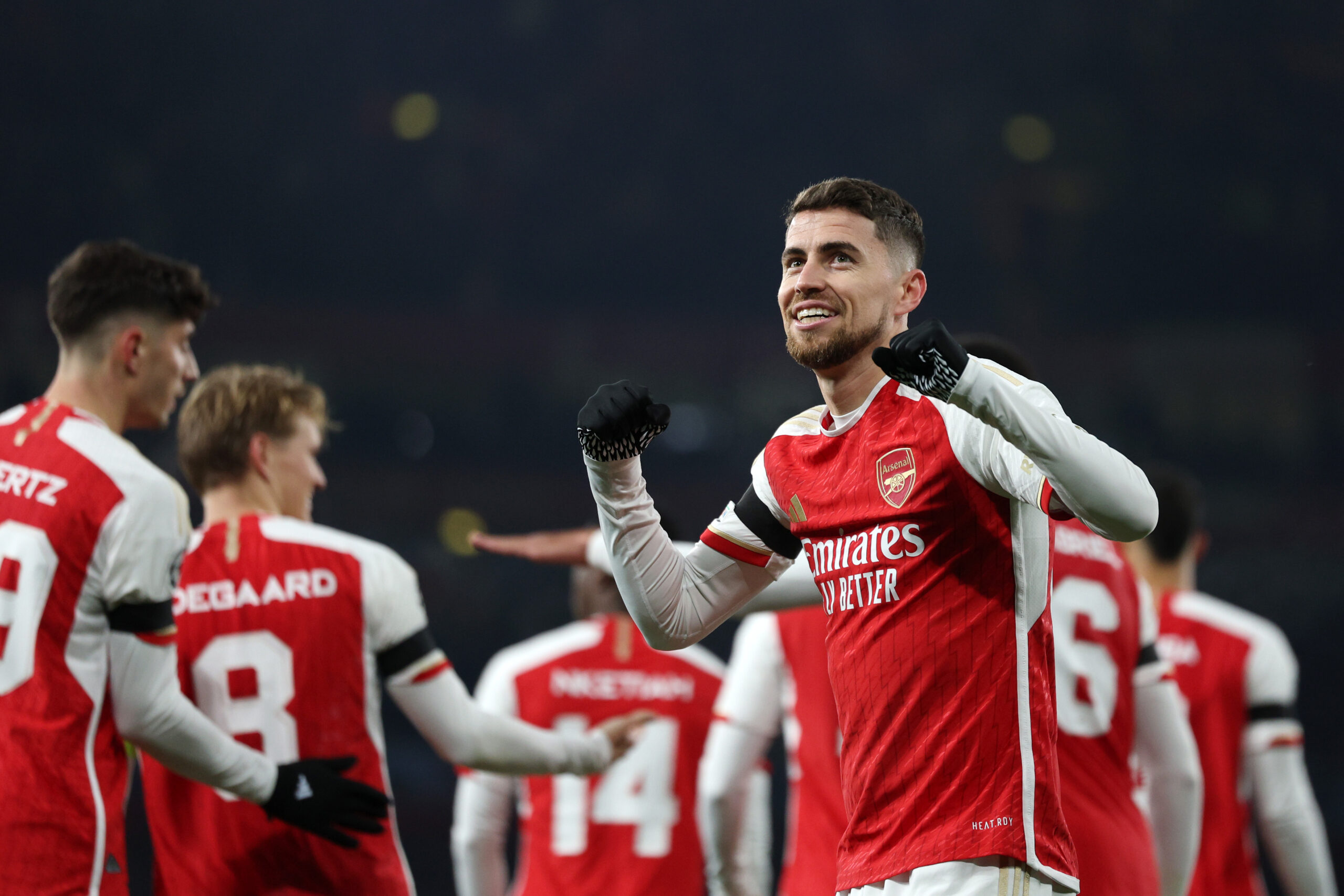 LONDON, ENGLAND - NOVEMBER 29: Jorginho of Arsenal celebrates after scoring the team's sixth goal from the penalty spot during the UEFA Champions League match between Arsenal FC and RC Lens at Emirates Stadium on November 29, 2023 in London, England.