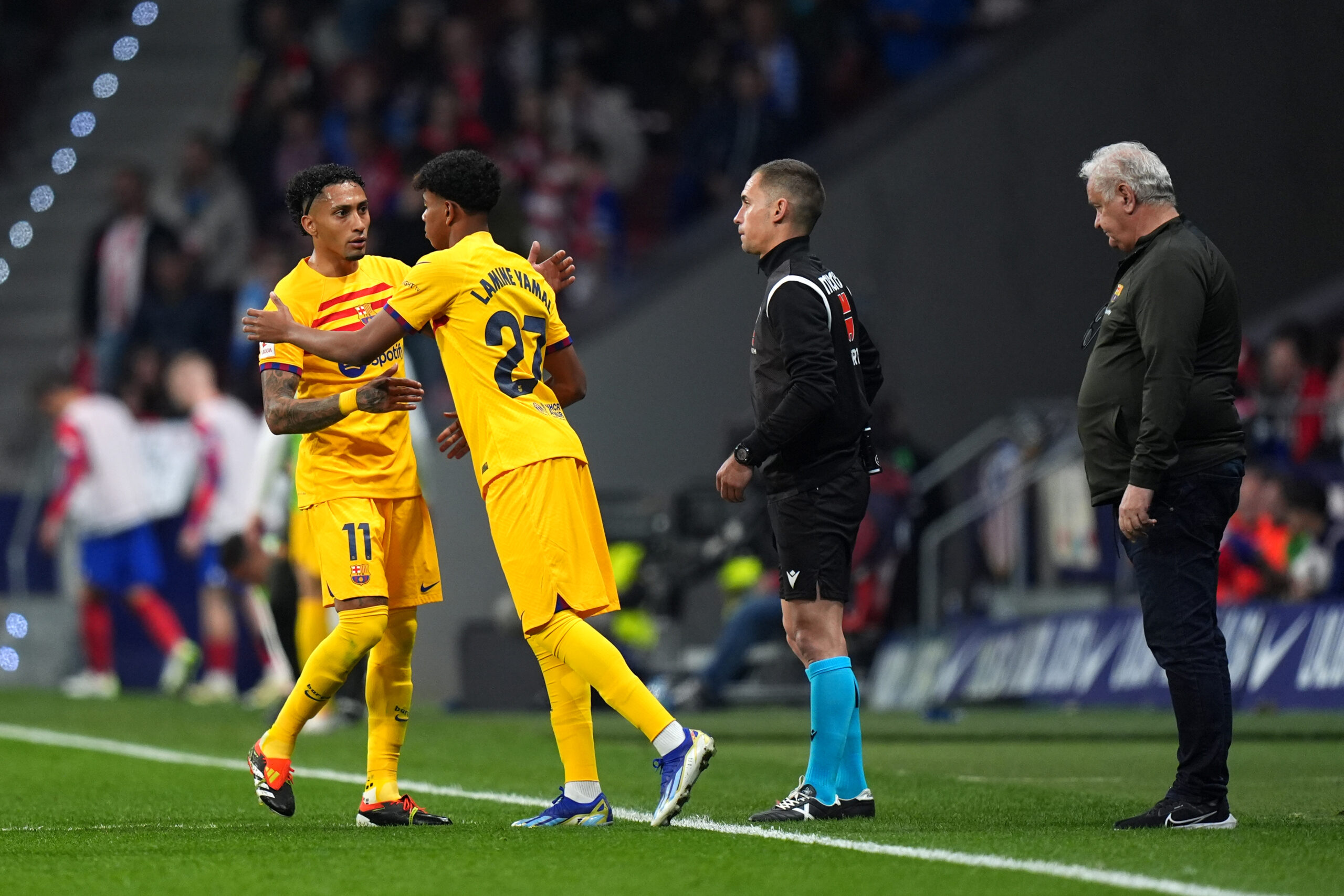 MADRID, SPAIN - MARCH 17: Lamine Yamal of FC Barcelona comes onto replace Raphinha during the LaLiga EA Sports match between Atletico Madrid and FC Barcelona at Civitas Metropolitano Stadium on March 17, 2024 in Madrid, Spain.