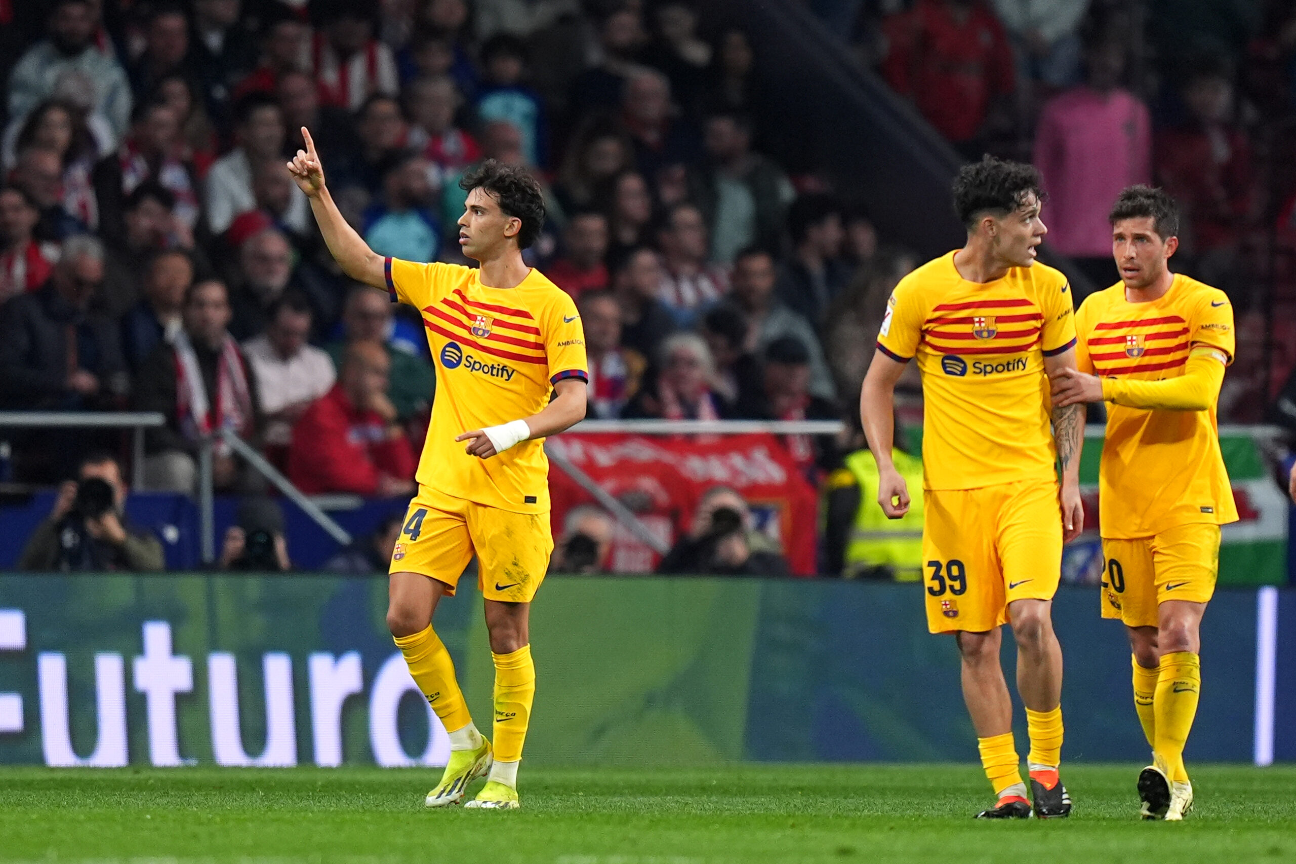 MADRID, SPAIN - MARCH 17: Joao Felix of FC Barcelona celebrates scoring his team's first goal during the LaLiga EA Sports match between Atletico Madrid and FC Barcelona at Civitas Metropolitano Stadium on March 17, 2024 in Madrid, Spain.