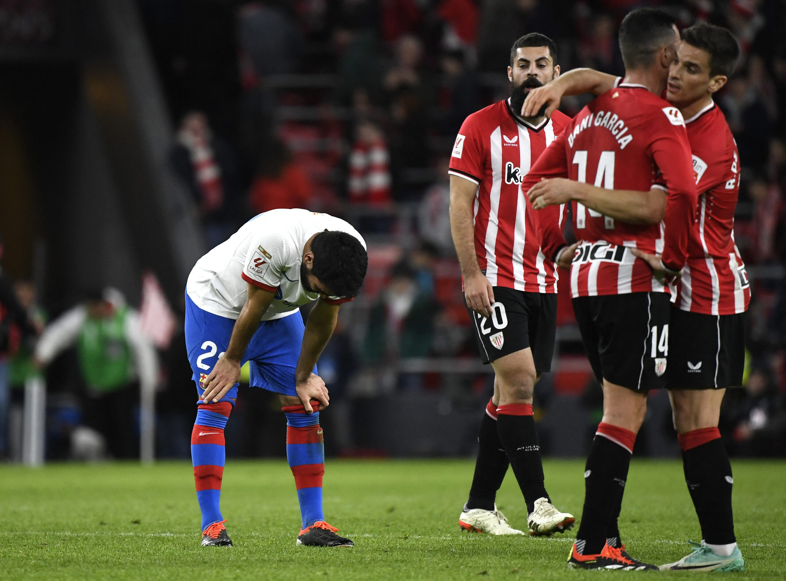 Barcelona's German midfielder #22 Ilkay Gundogan reacts at the end of the Spanish league football match between Athletic Club Bilbao and FC Barcelona at the San Mames stadium in Bilbao on March 3, 2024.