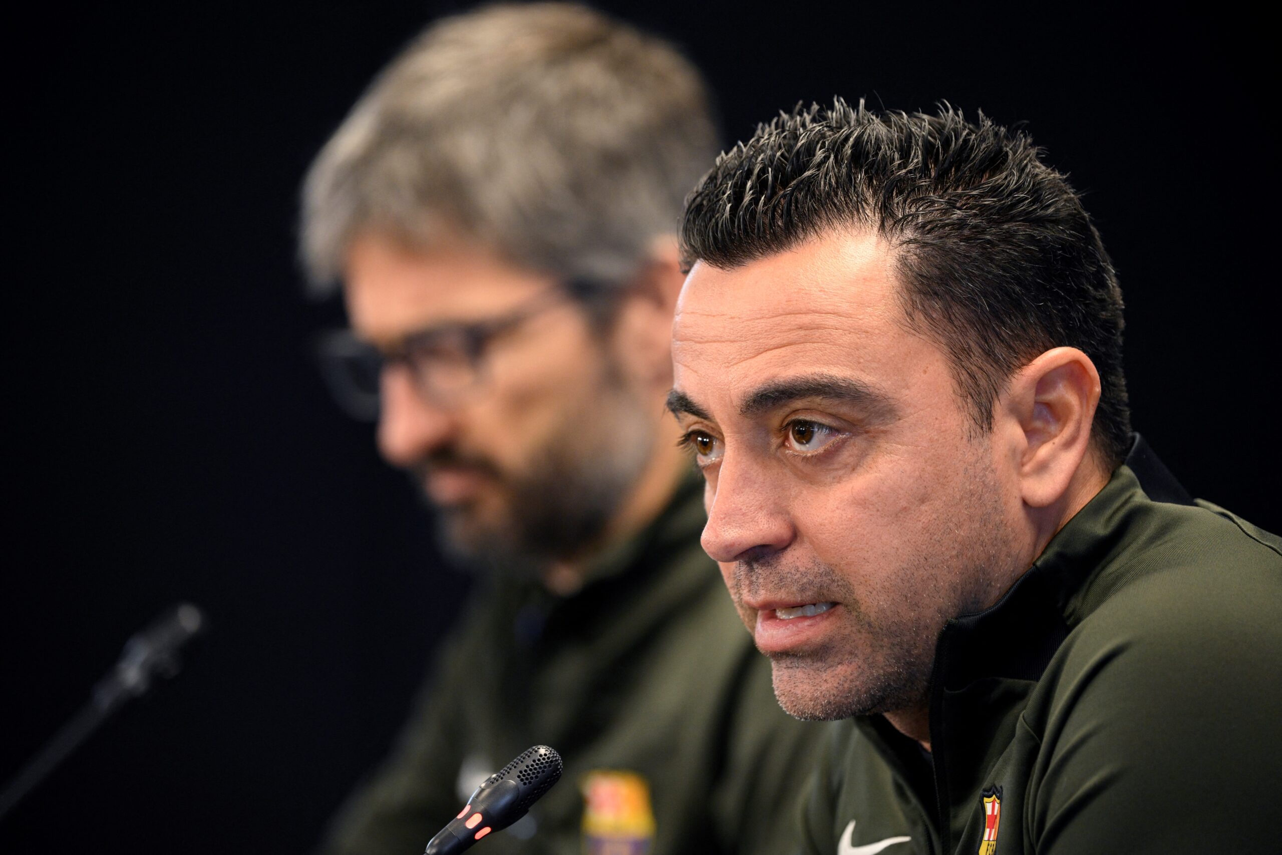 Barcelona's Spanish coach Xavi gives a press conference on the eve of their UEFA Champions League last 16 second leg football match against SSC Napoli at the training center in Barcelona on March 11, 2024.