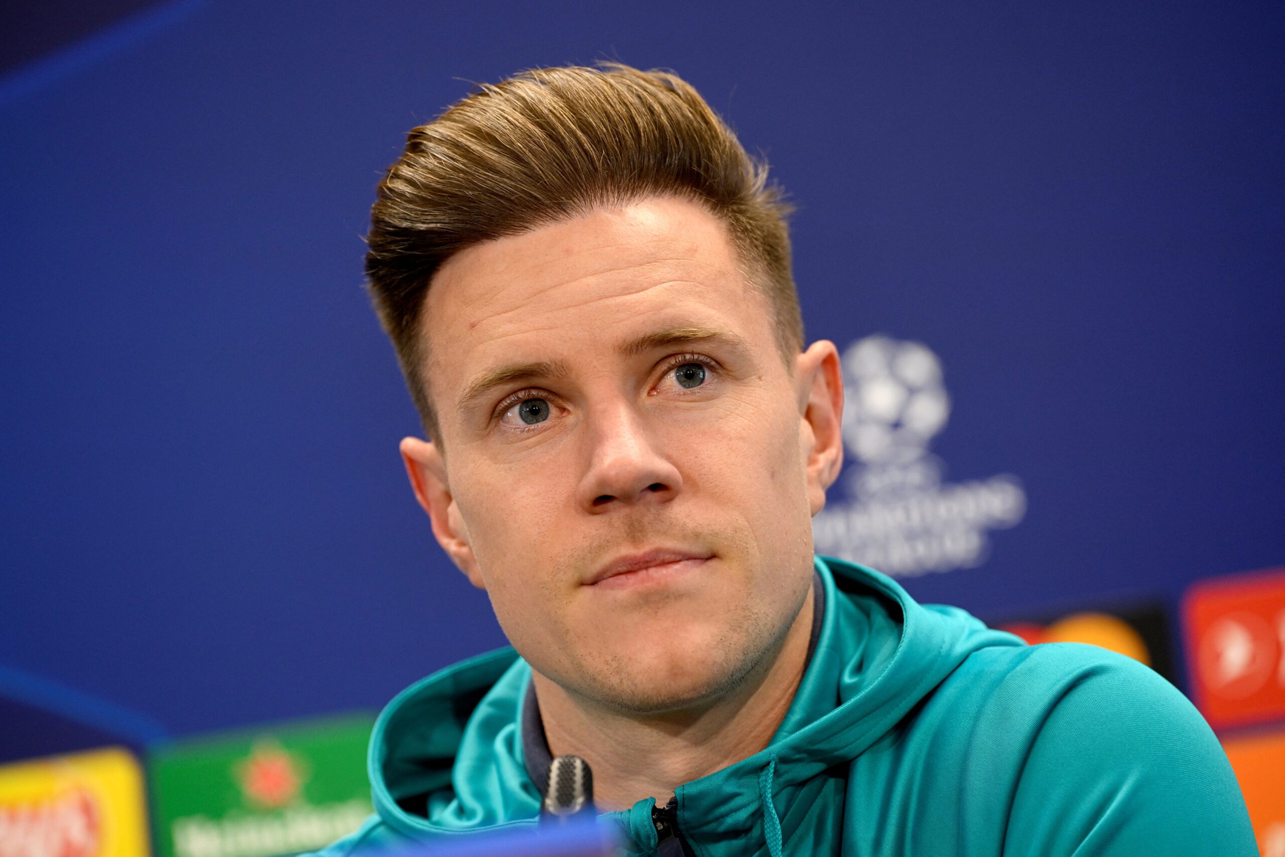 Barcelona's German goalkeeper #01 Marc-Andre ter Stegen gives a press conference on the eve of their UEFA Champions League last 16 second leg football match against SSC Napoli at the training center in Barcelona on March 11, 2024.