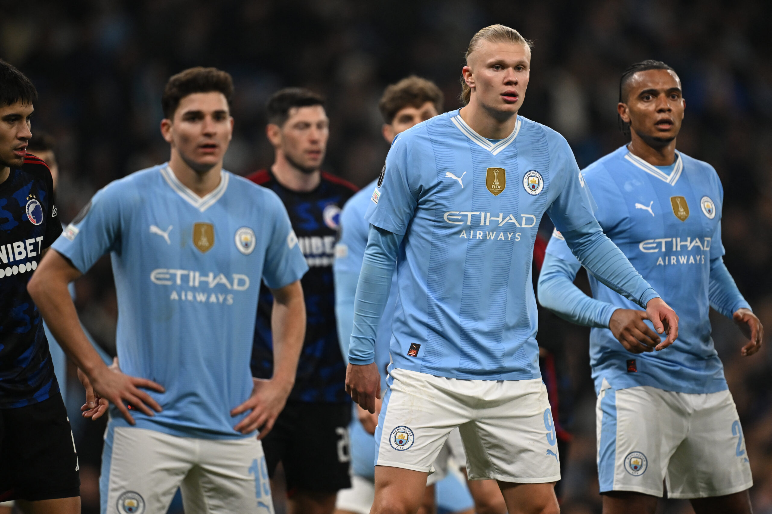 Goalscorers, Manchester City's Argentinian striker #19 Julian Alvarez (L), Manchester City's Norwegian striker #09 Erling Haaland (C) and Manchester City's Swiss defender #25 Manuel Akanji (R) defend a corner kick during the UEFA Champions League round of 16, second-leg, football match between Manchester City and FC Copenhagen at the Etihad Stadium, in Manchester, north west England, on March 6, 2024.