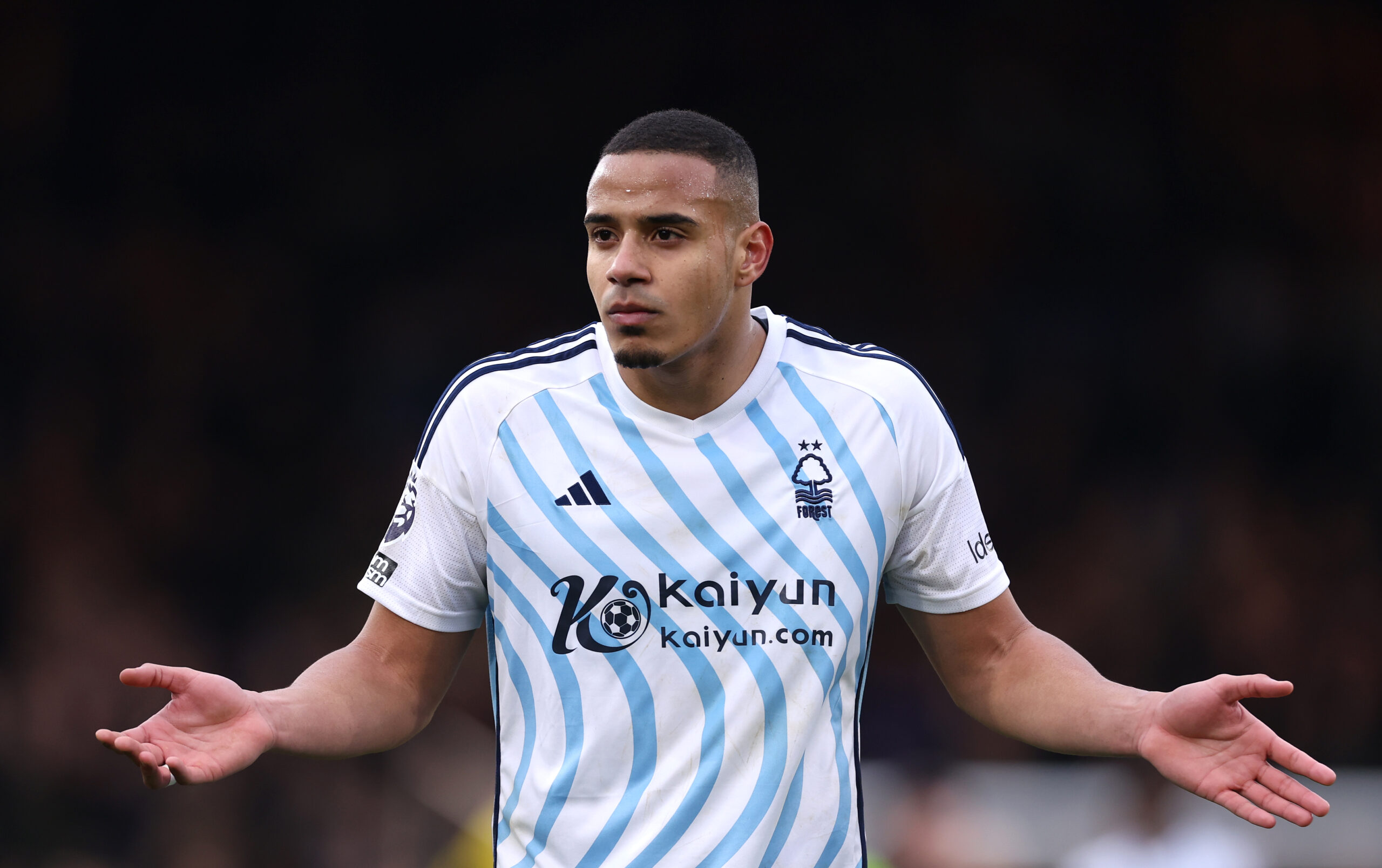 LUTON, ENGLAND - MARCH 16: Murillo of Nottingham Forest reacts to the away fans during the Premier League match between Luton Town and Nottingham Forest at Kenilworth Road on March 16, 2024 in Luton, England.